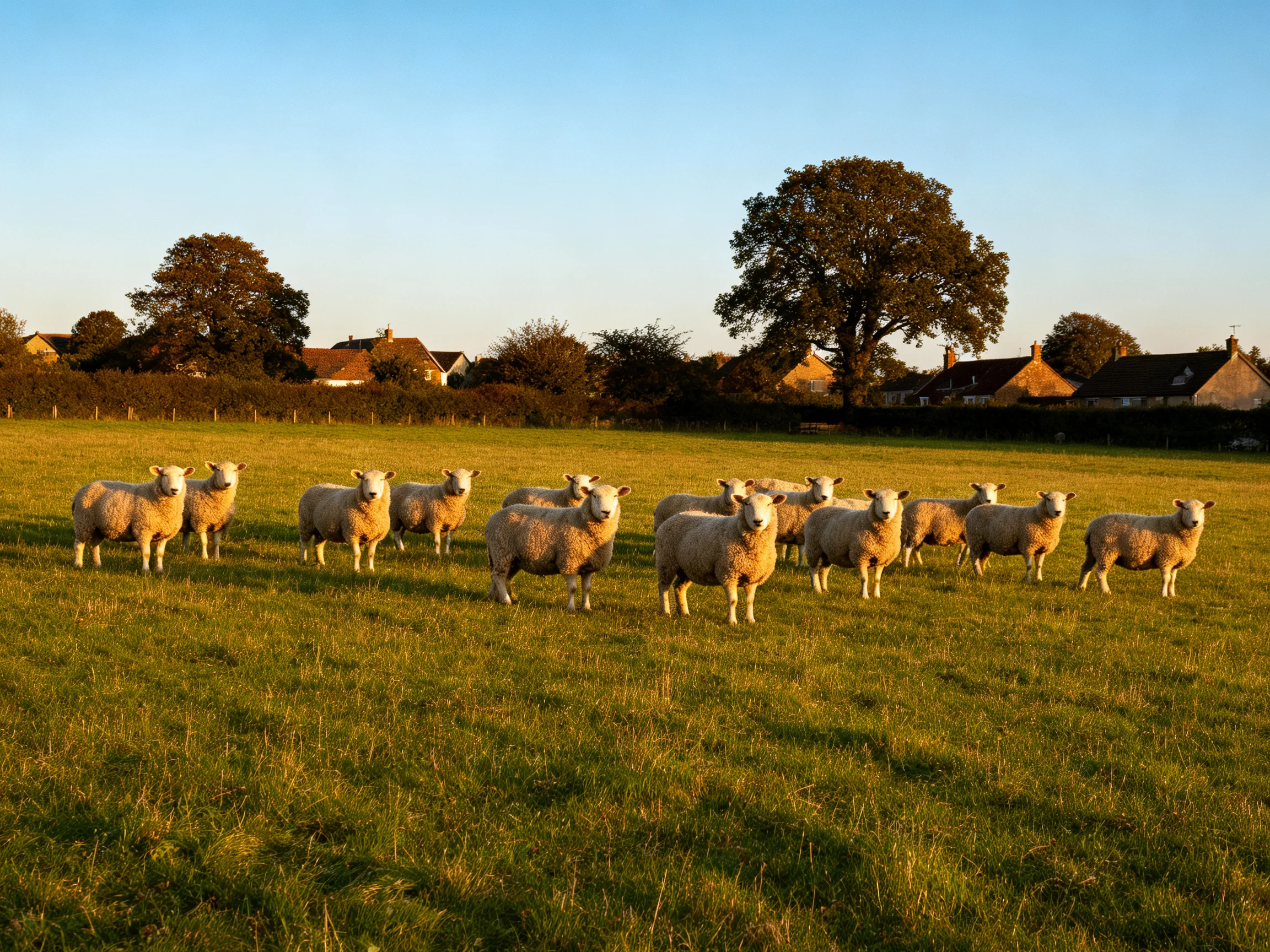A flock of sheep in a sunlit green pasture near rural homes