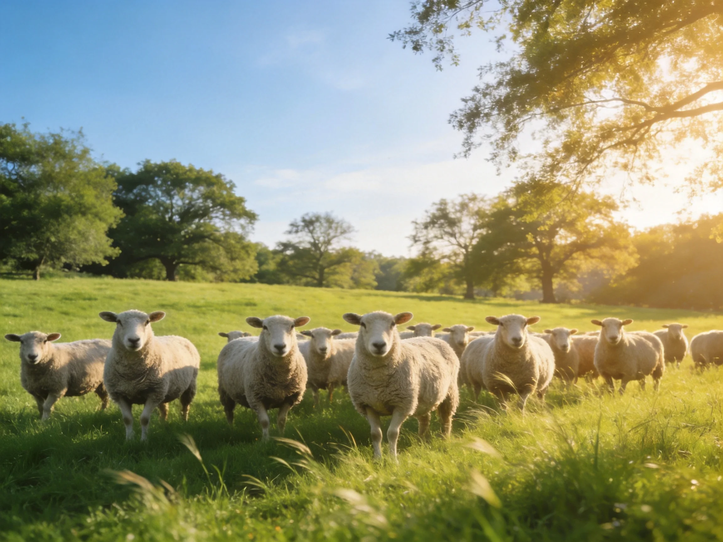 A flock of sheep in a sunlit green pasture near tall trees