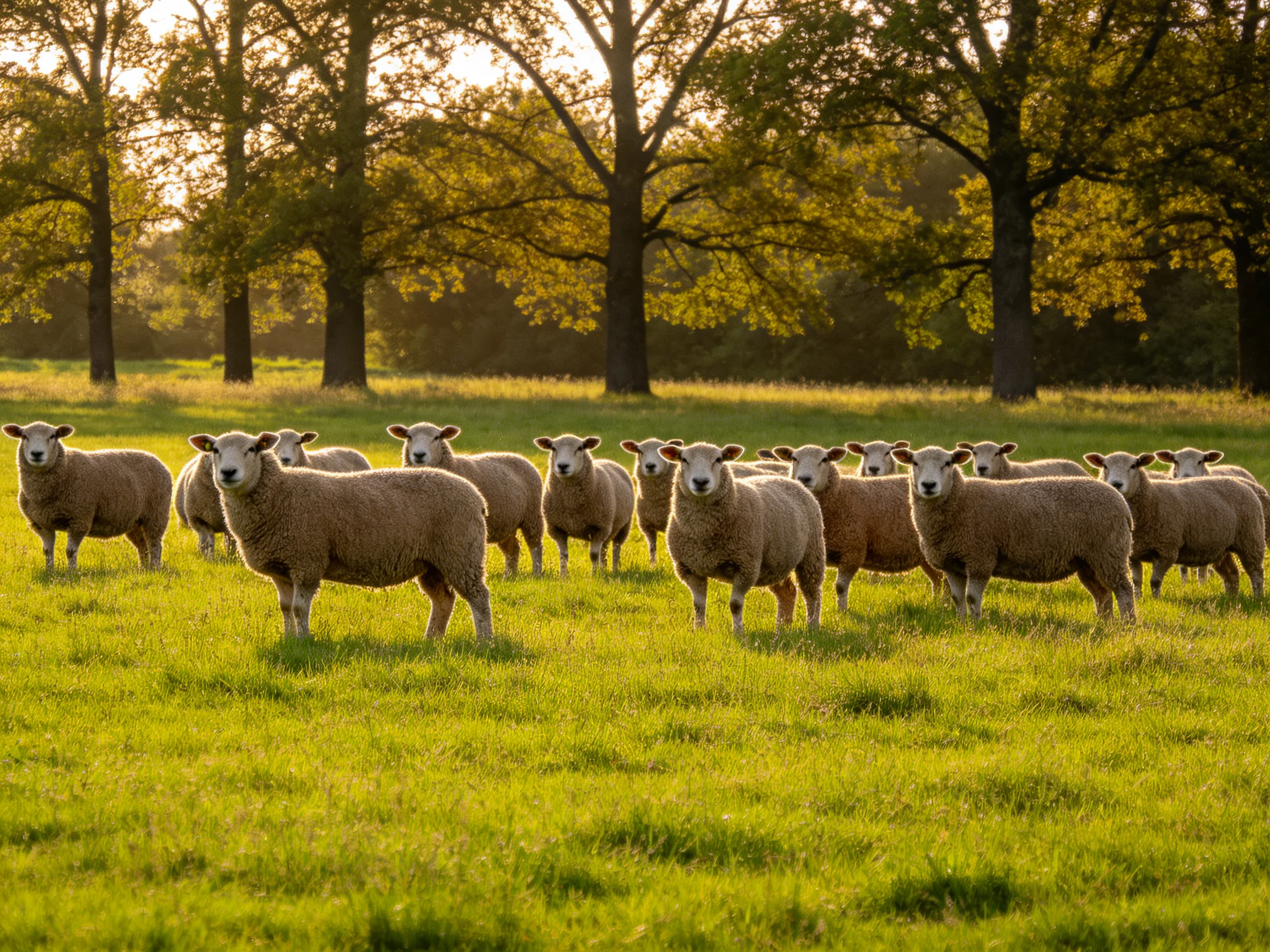 A flock of sheep in a sunlit green pasture near tall trees