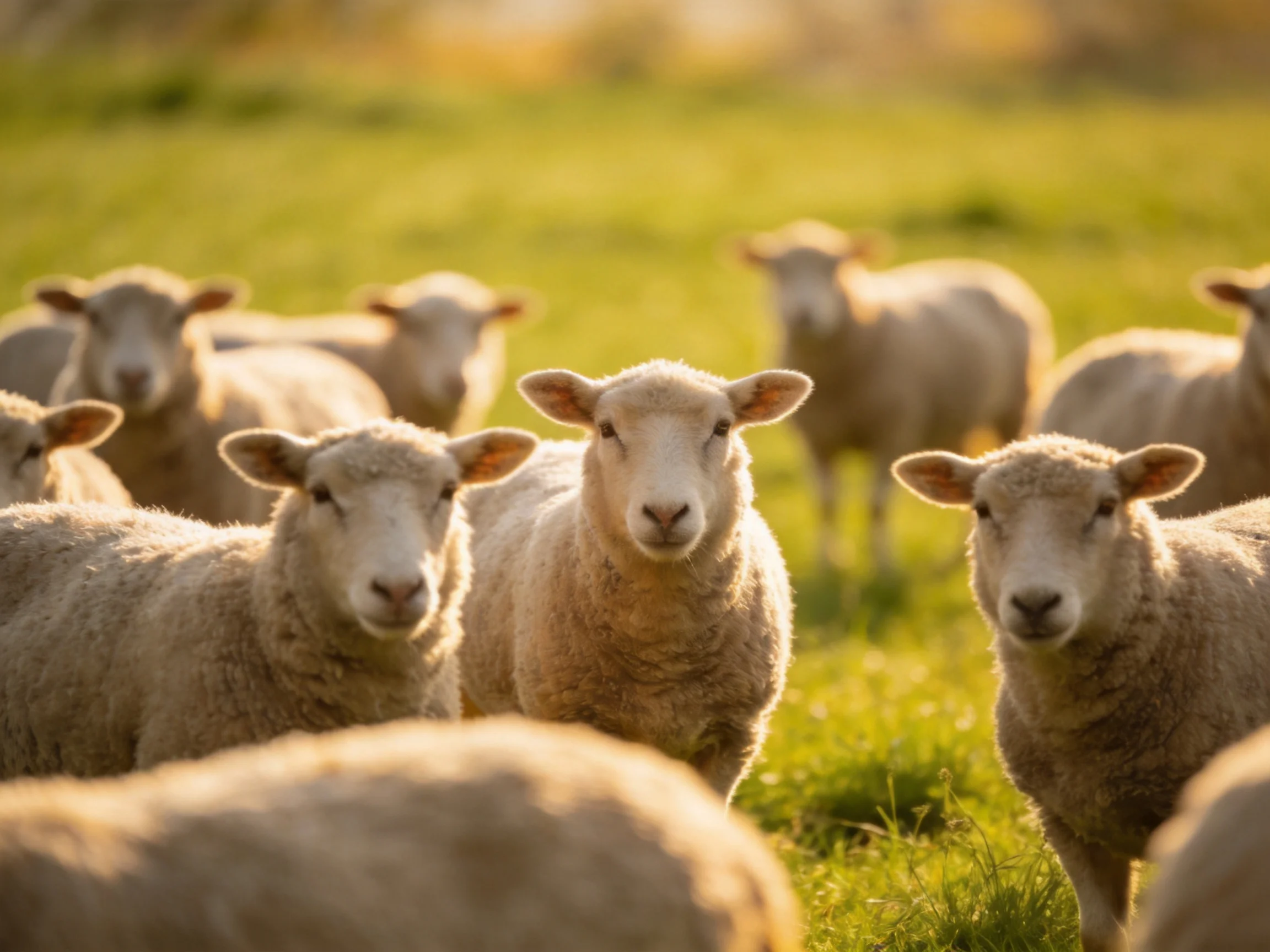 A flock of sheep in a sunlit green pasture