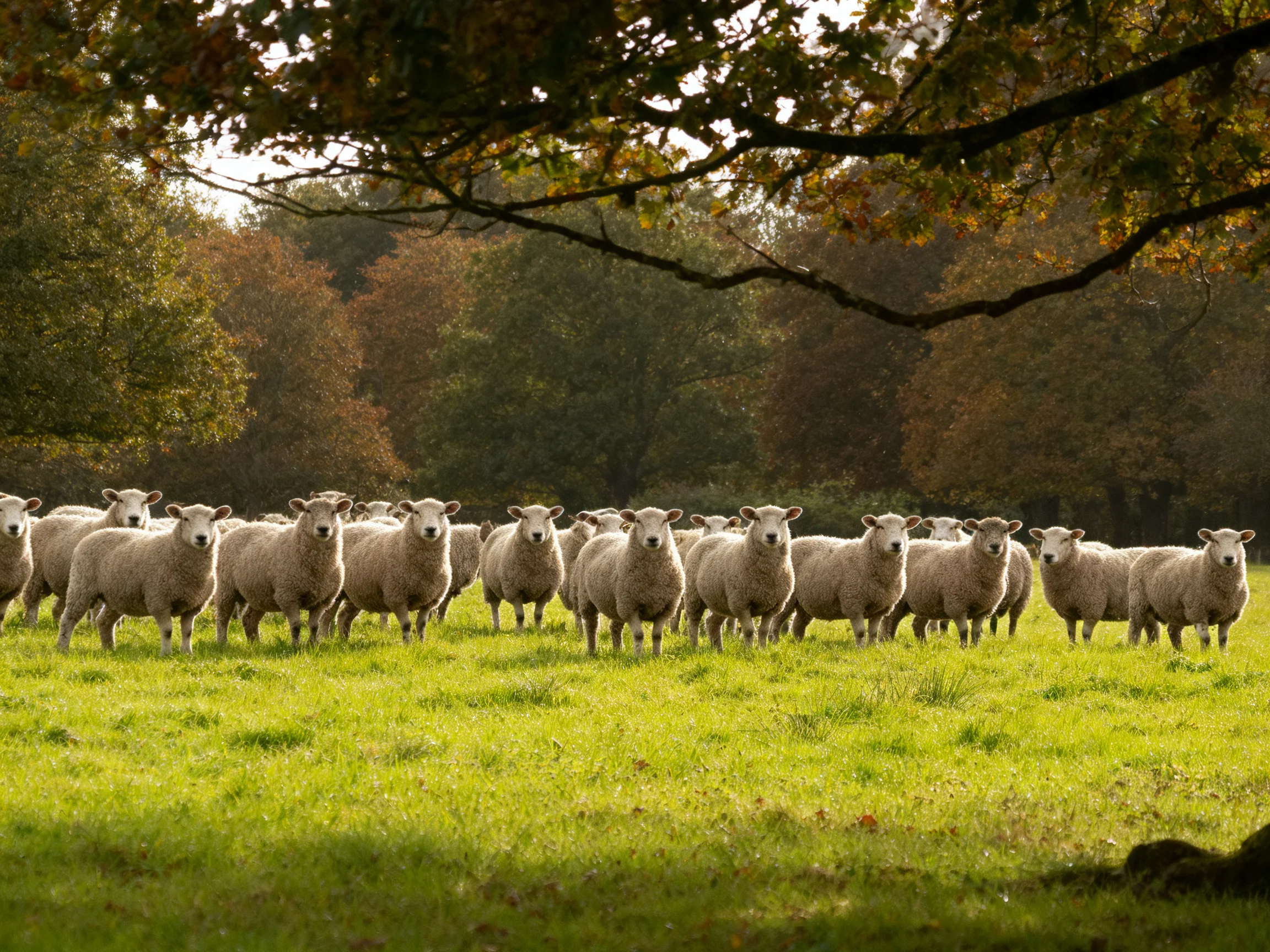 A flock of sheep in a sunlit green pasture with autumn trees