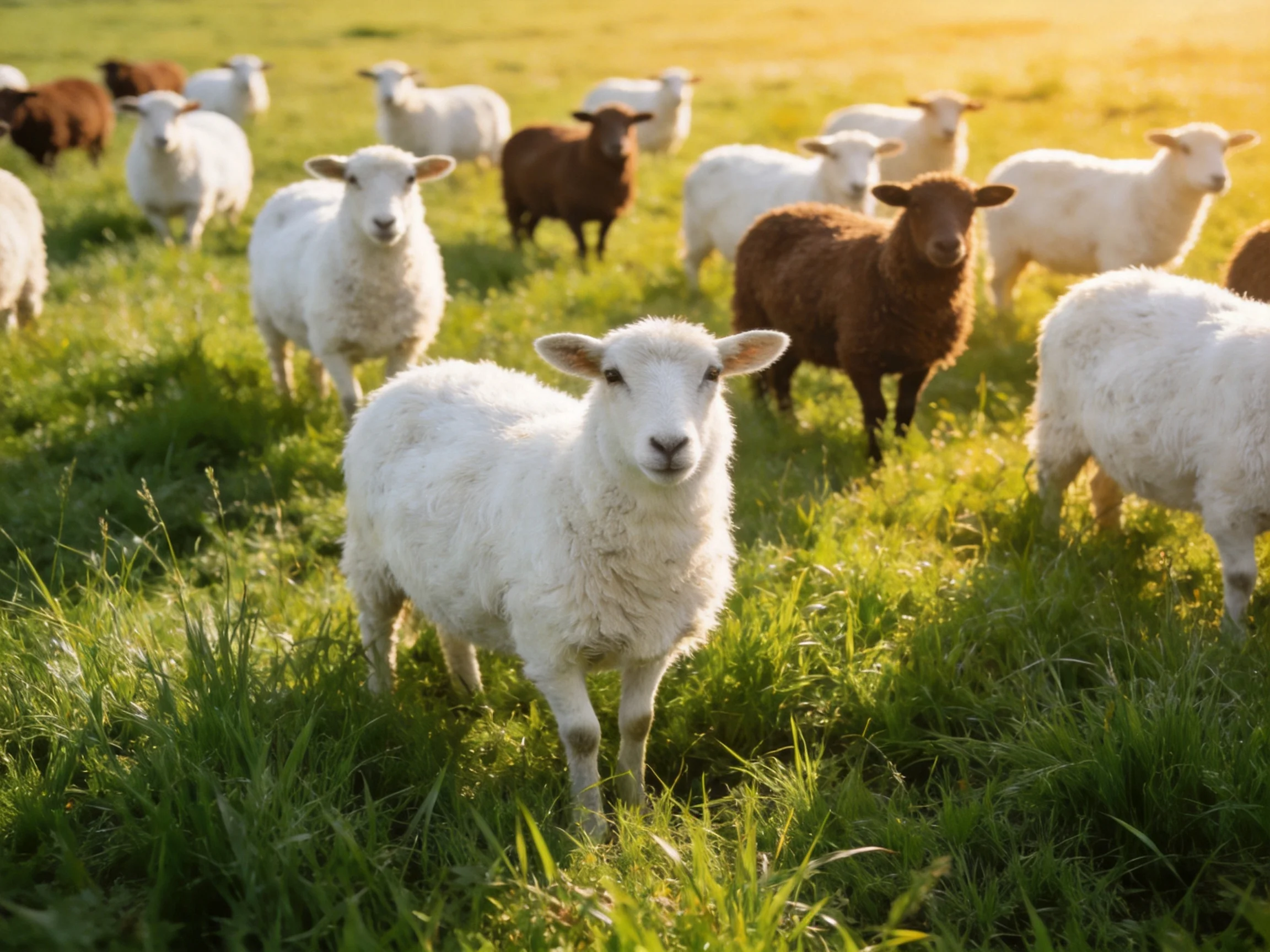 A flock of sheep in a sunlit green pasture with brown and white lambs