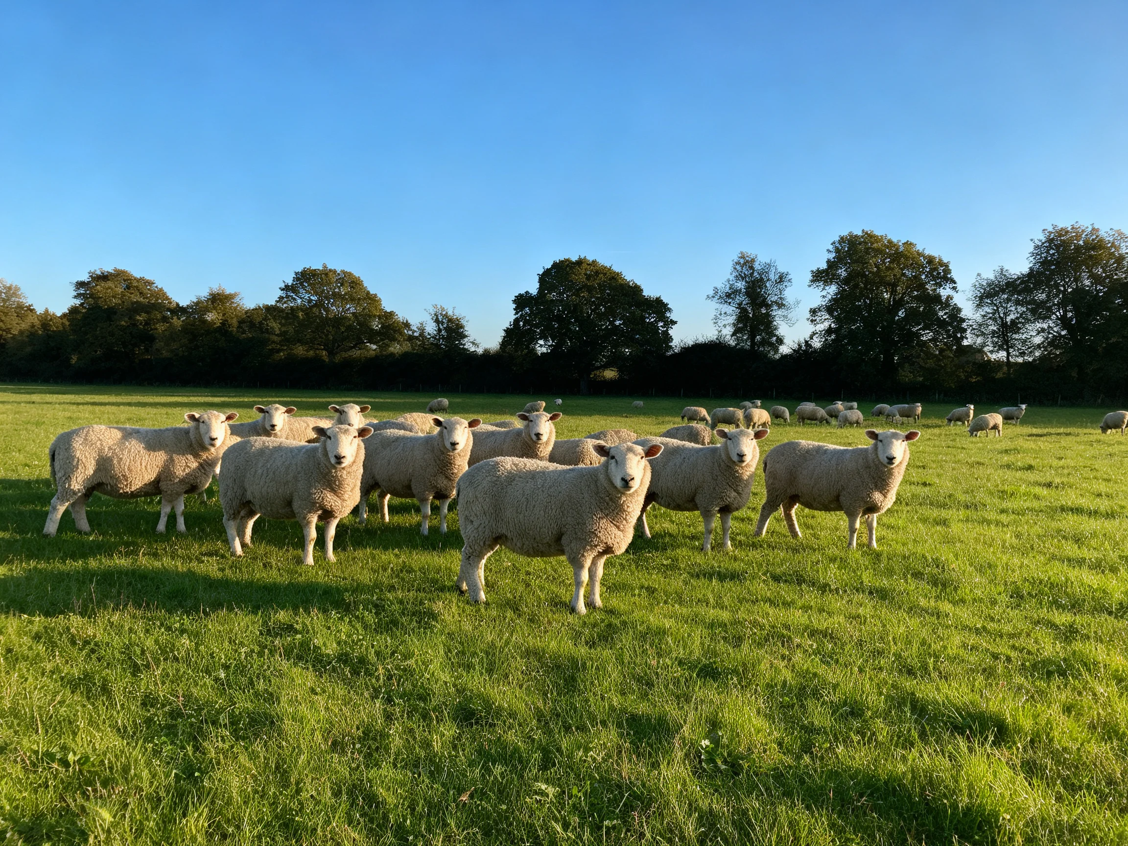 A flock of sheep in a sunlit green pasture with distant trees