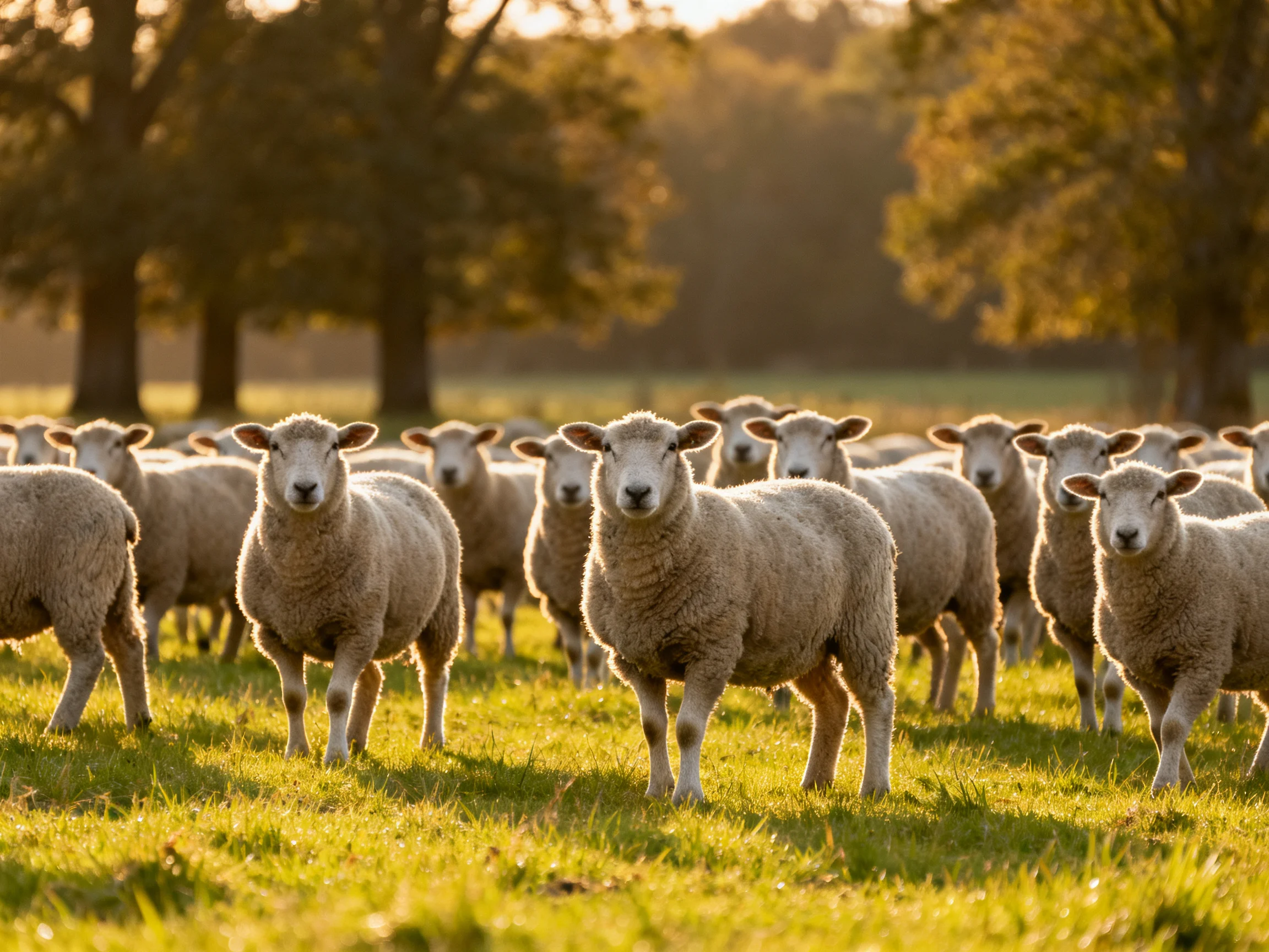 A flock of sheep in a sunlit green pasture with golden trees