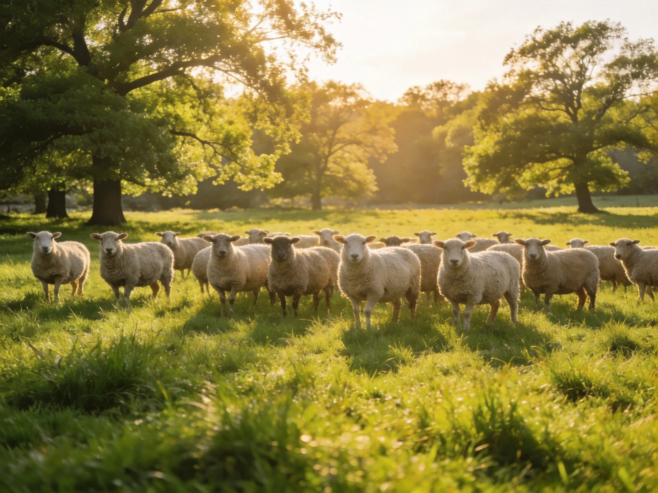 A flock of sheep in a sunlit green pasture with large trees