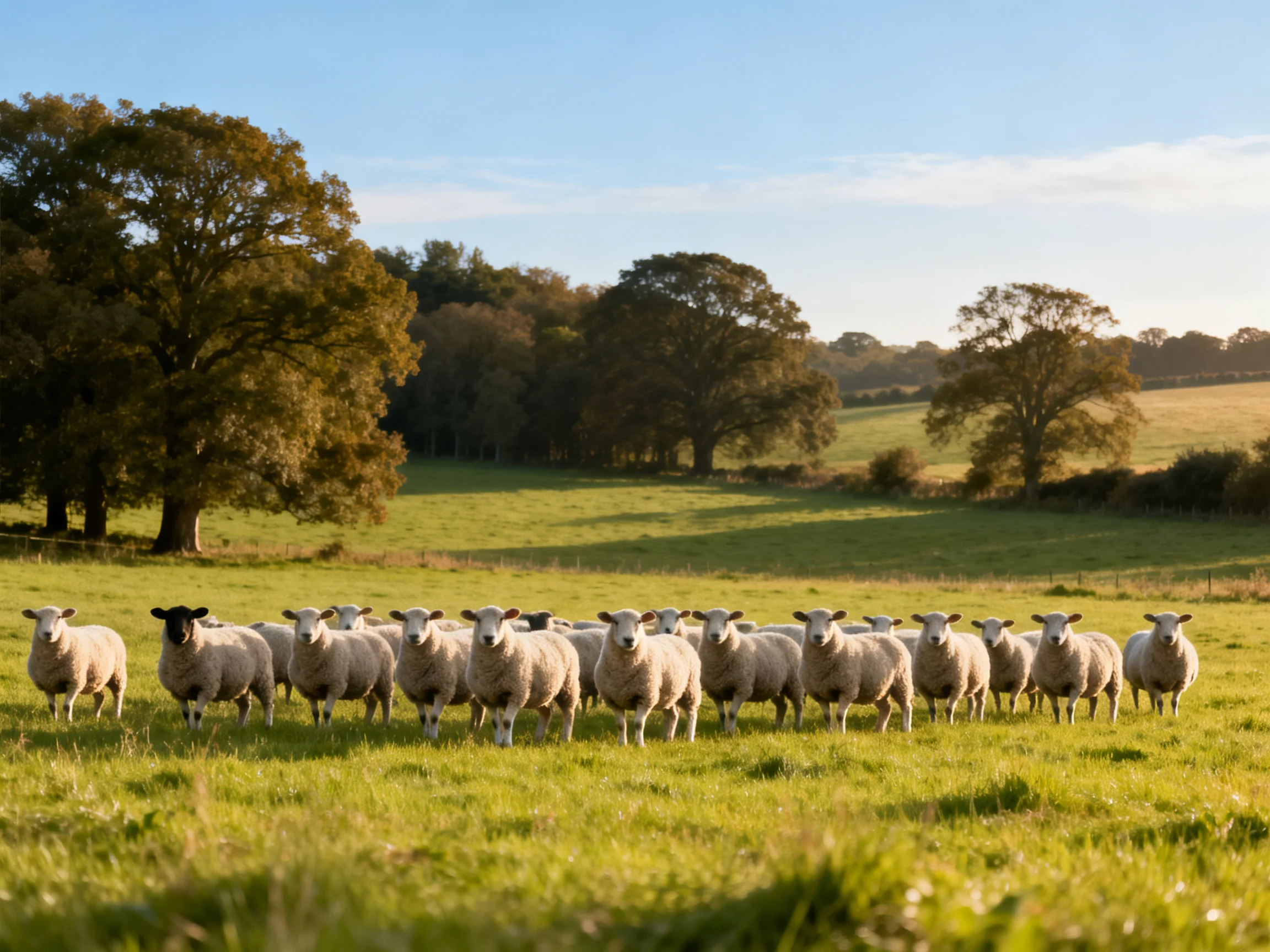 A flock of sheep in a sunlit green pasture with large trees