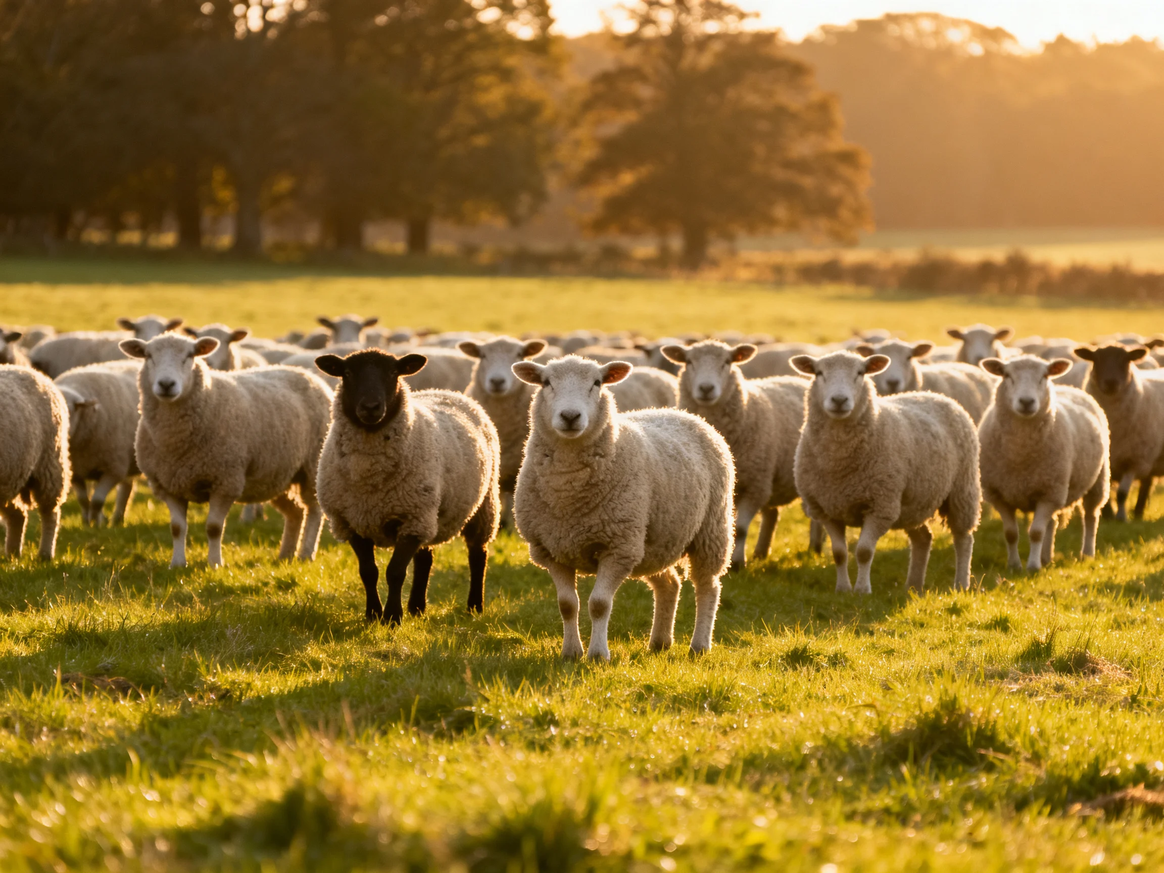 A flock of sheep in a sunlit green pasture with one black sheep