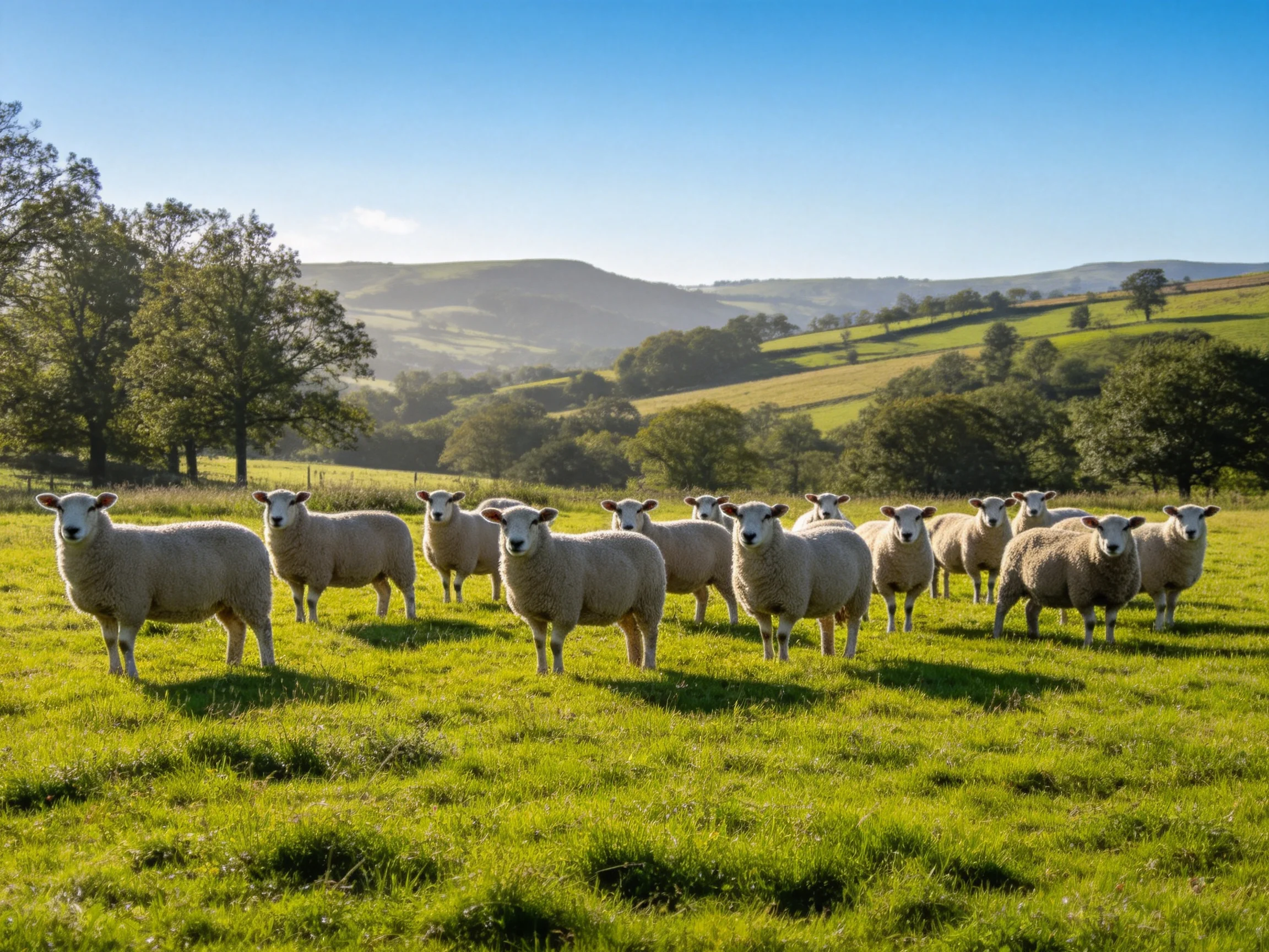 A flock of sheep in a sunlit green pasture with rolling hills