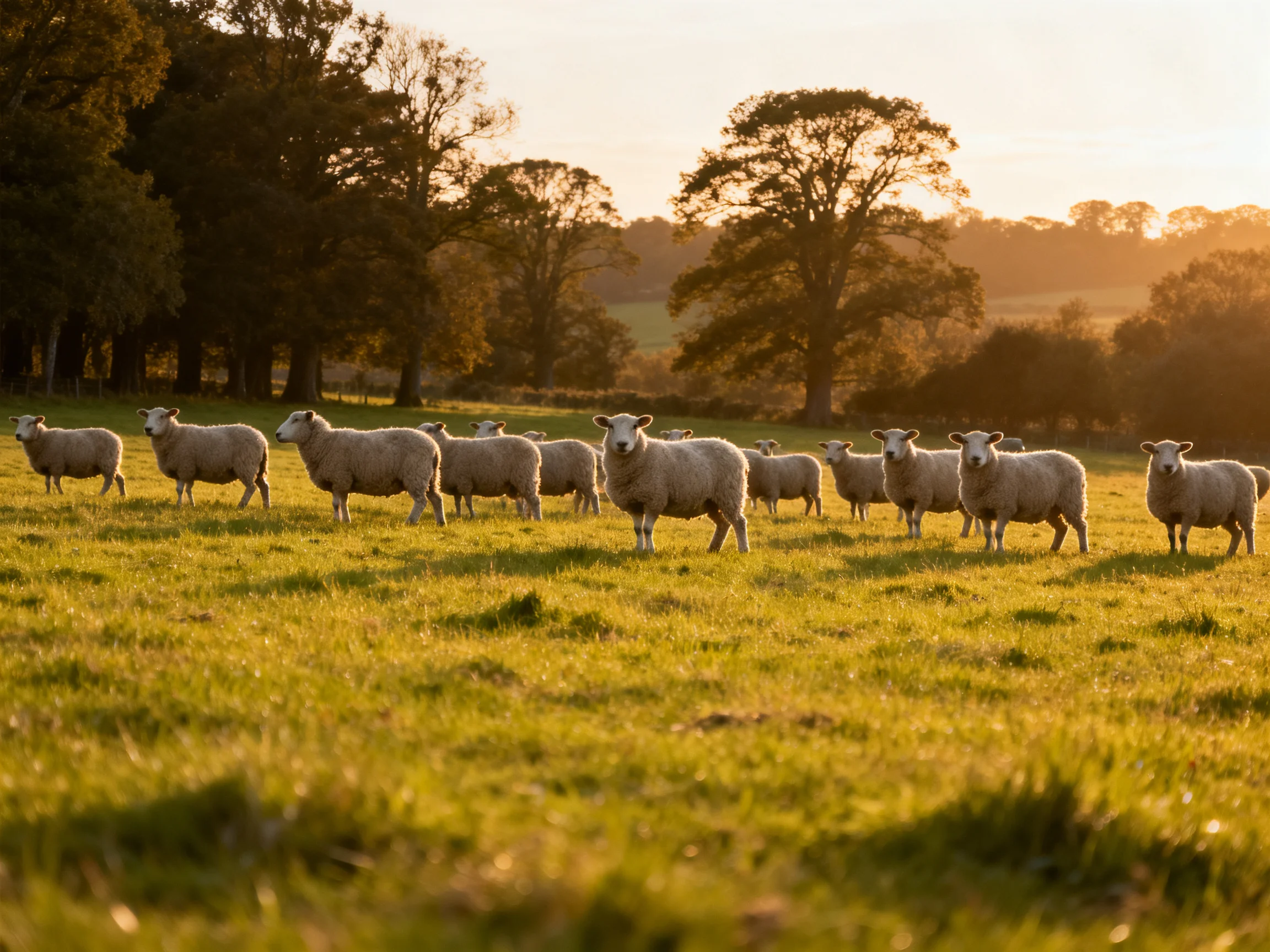 A flock of sheep in a sunlit green pasture with tall trees