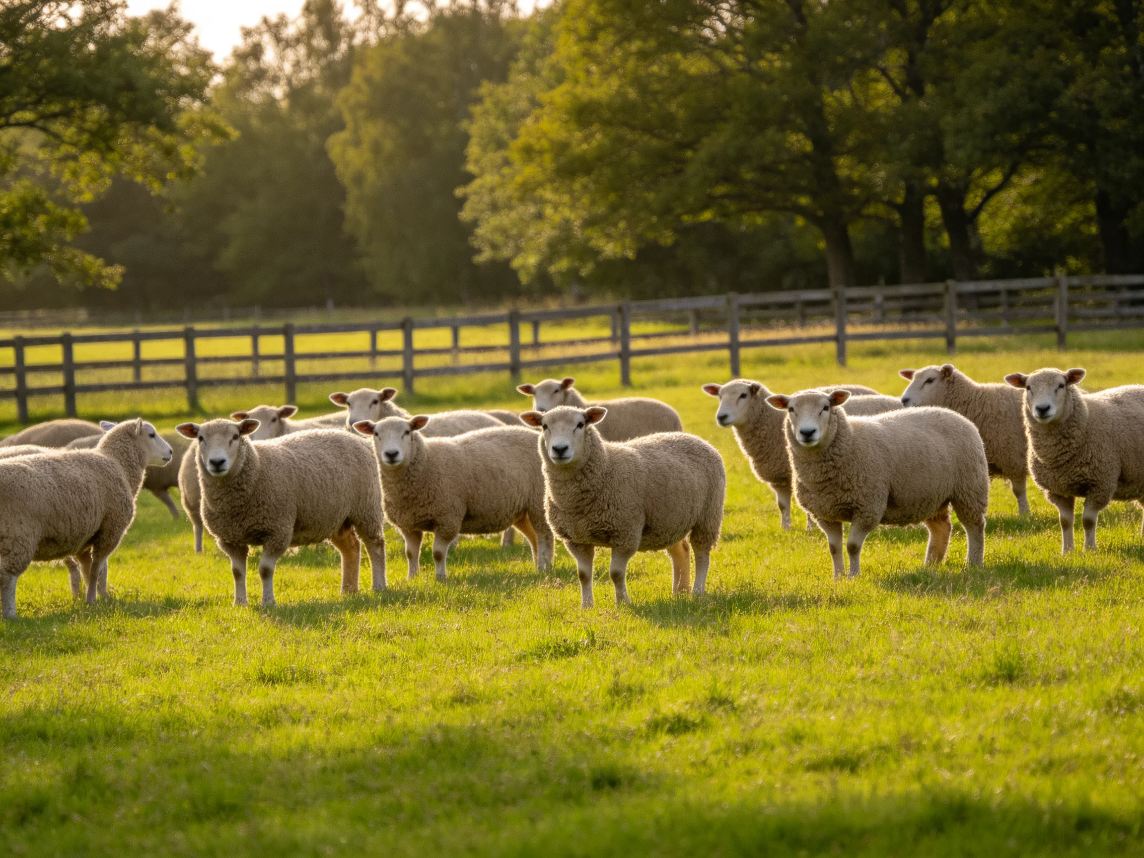 A flock of sheep in a sunlit green pasture with wooden fences