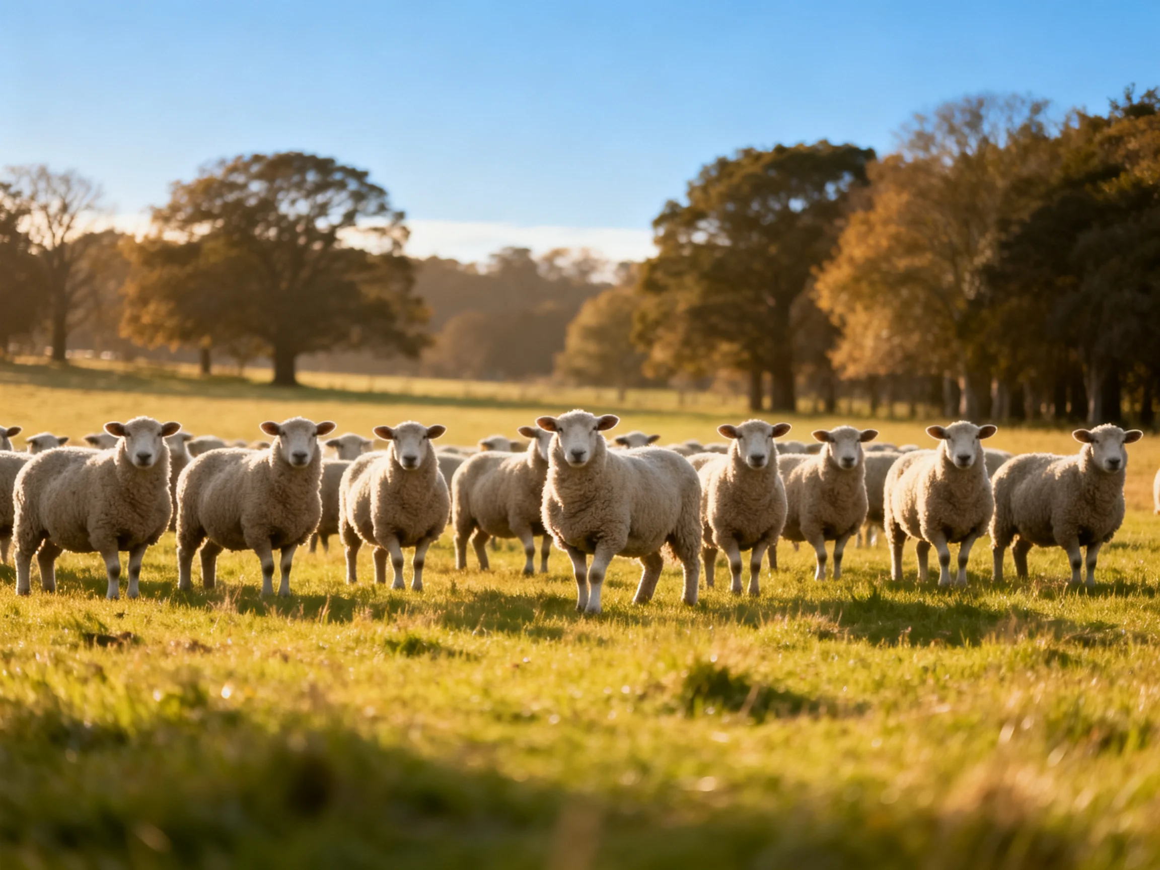 A flock of sheep in a sunlit green pasture