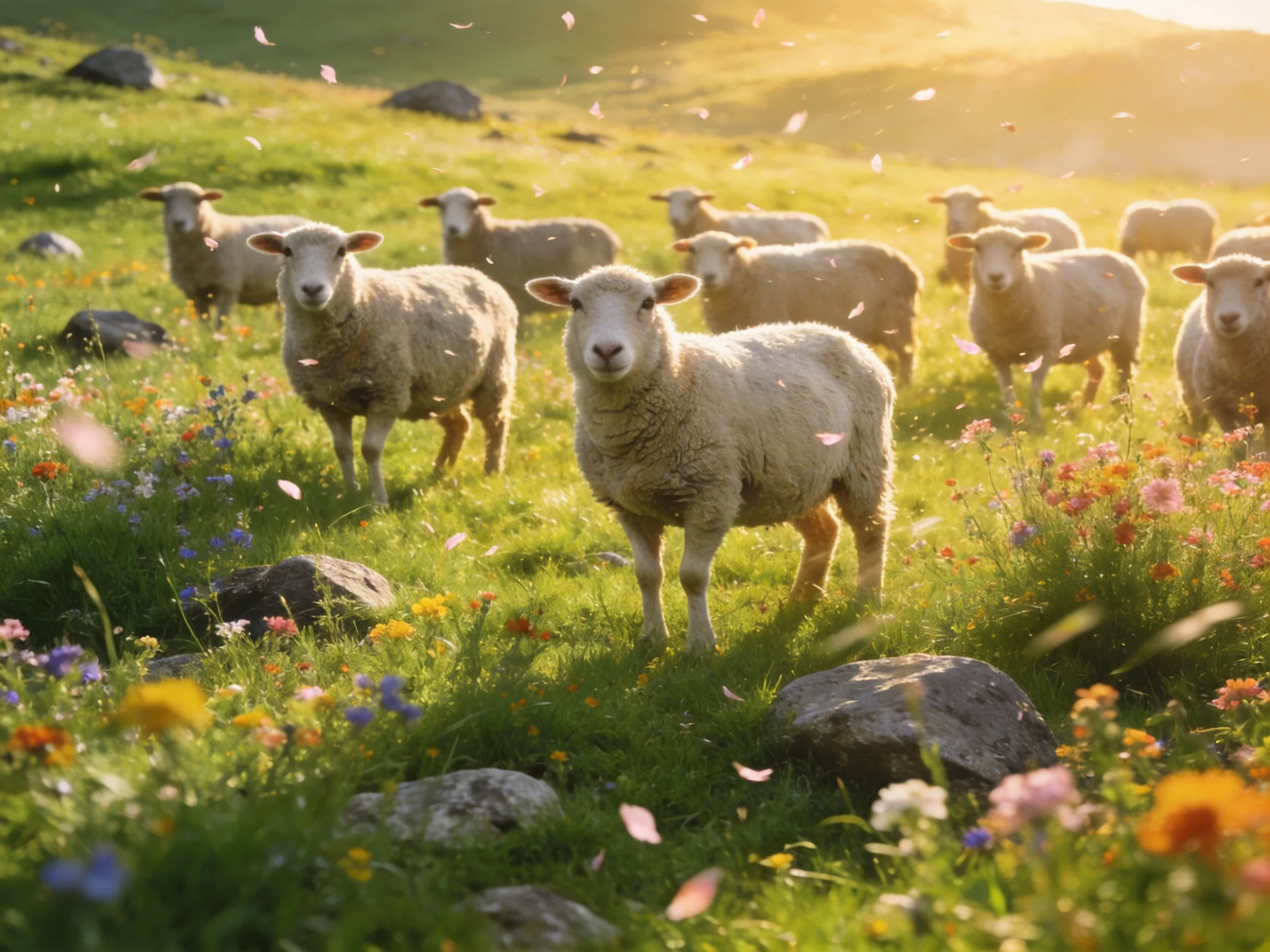 A group of sheep gathers in a sunlit meadow surrounded by vibrant wildflowers.