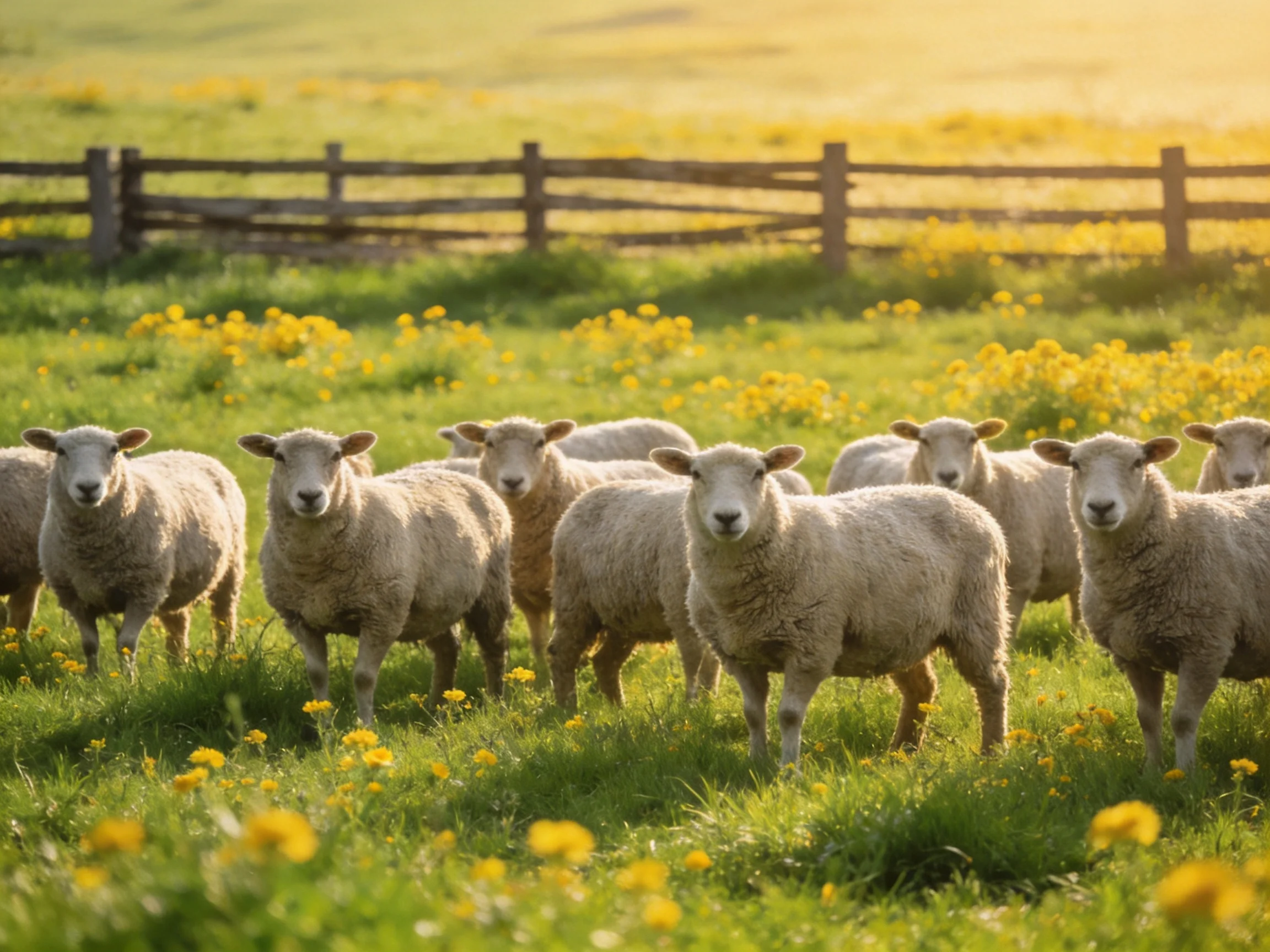 A flock of sheep in a sunlit meadow with yellow wildflowers