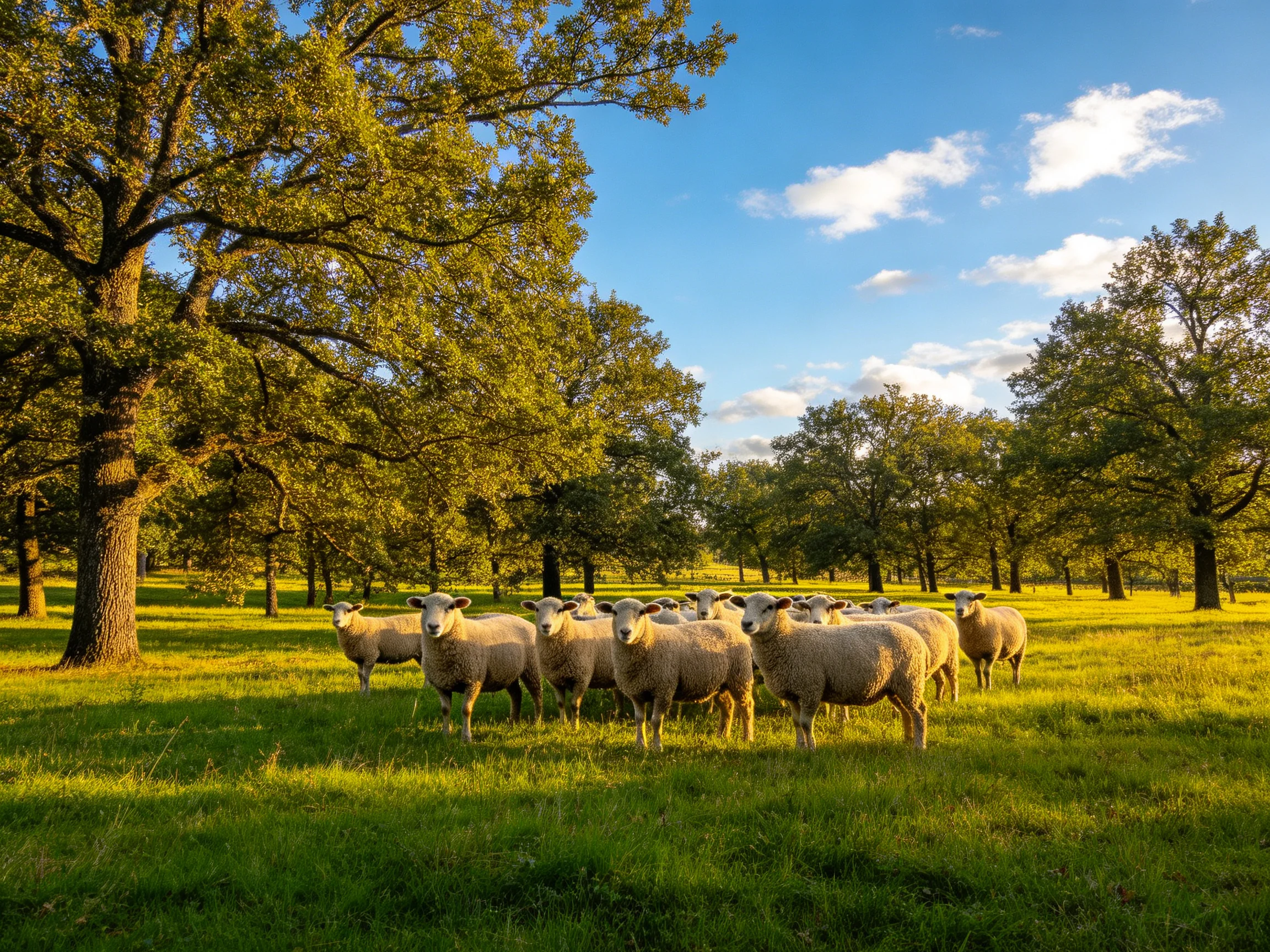 A flock of sheep in a sunlit oak forest clearing