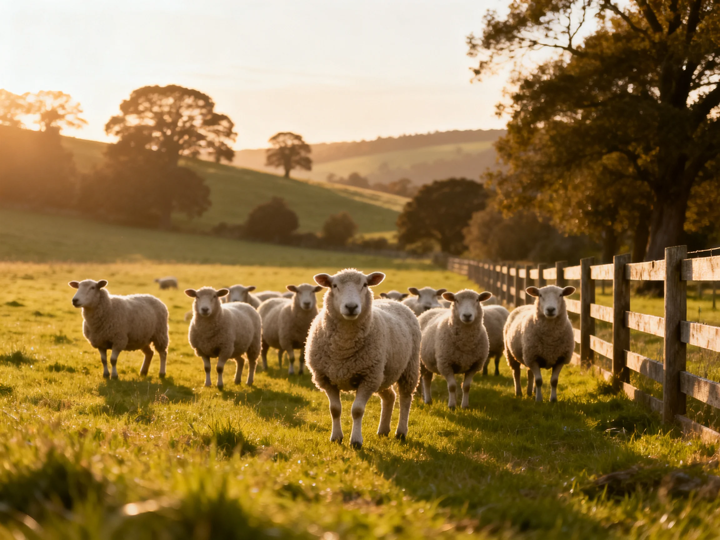 Sheep gather in a sunlit pasture beside a wooden fence.