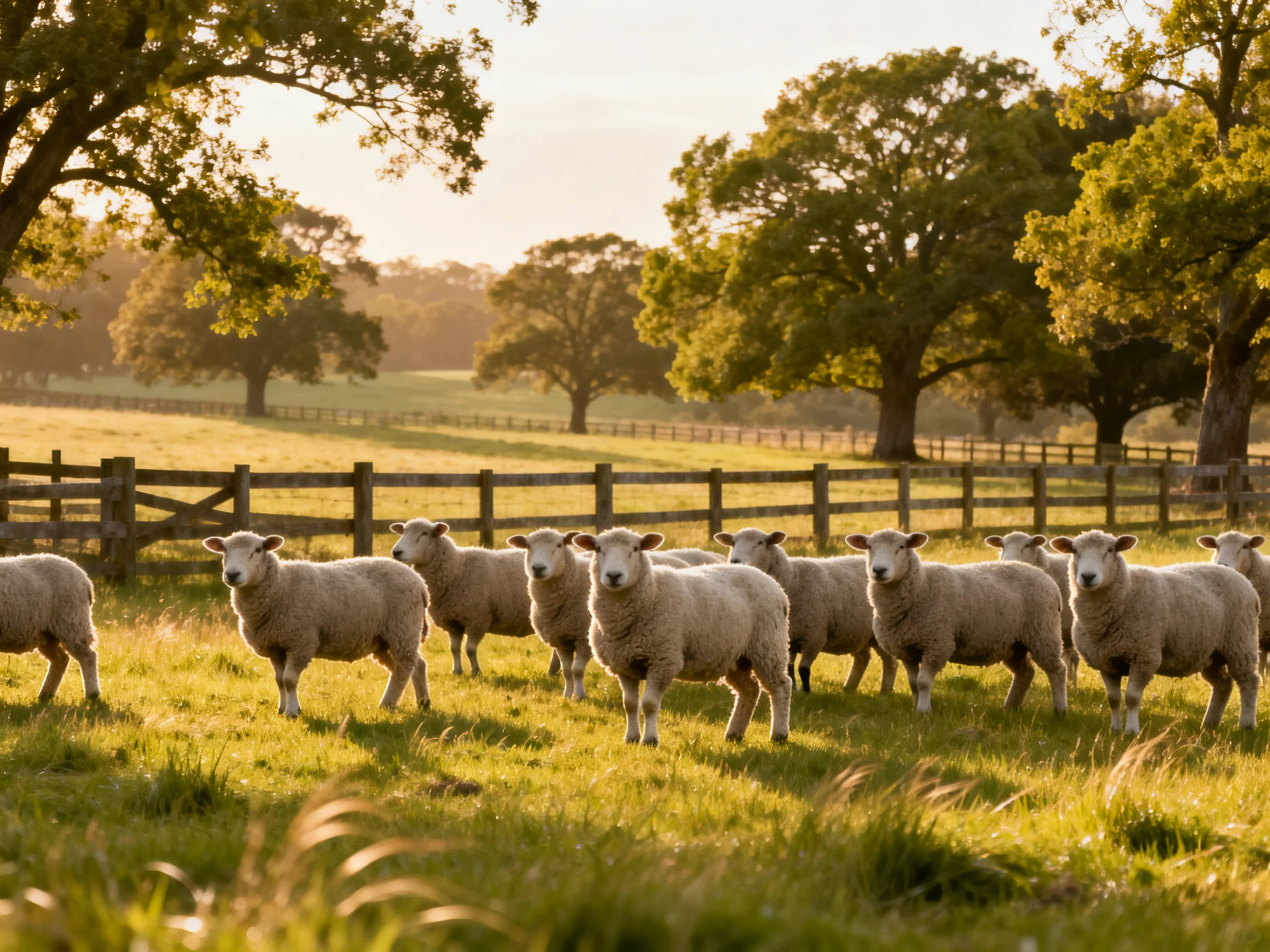 A flock of sheep in a sunlit pastoral field with wooden fences