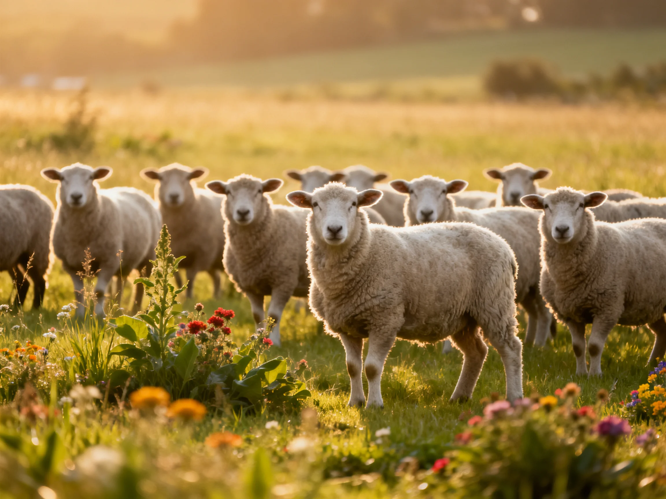 A flock of sheep in a sunlit pastoral meadow