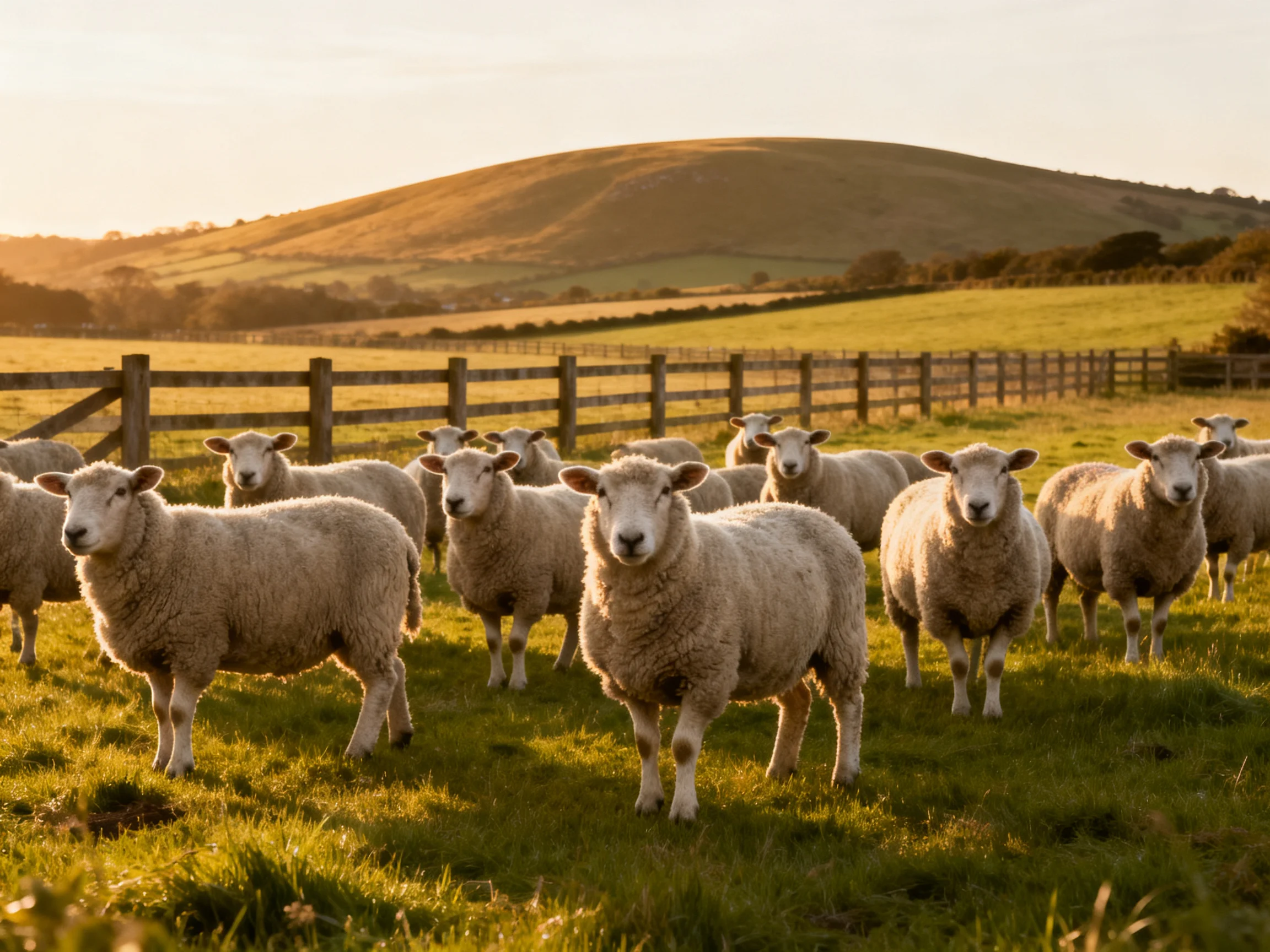 A flock of sheep in a sunlit pasture near rolling hills