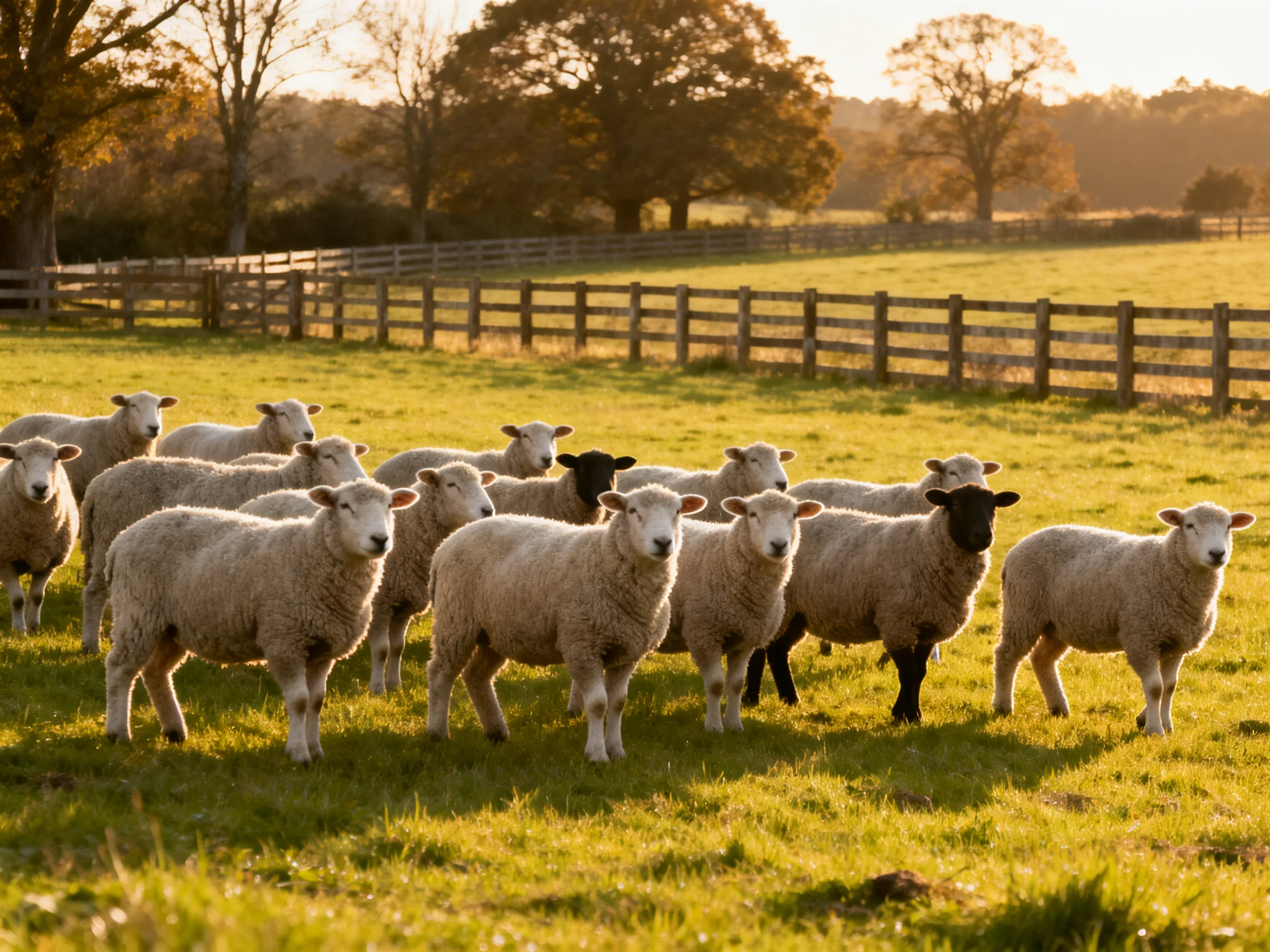 A flock of sheep in a sunlit pasture with wooden fences