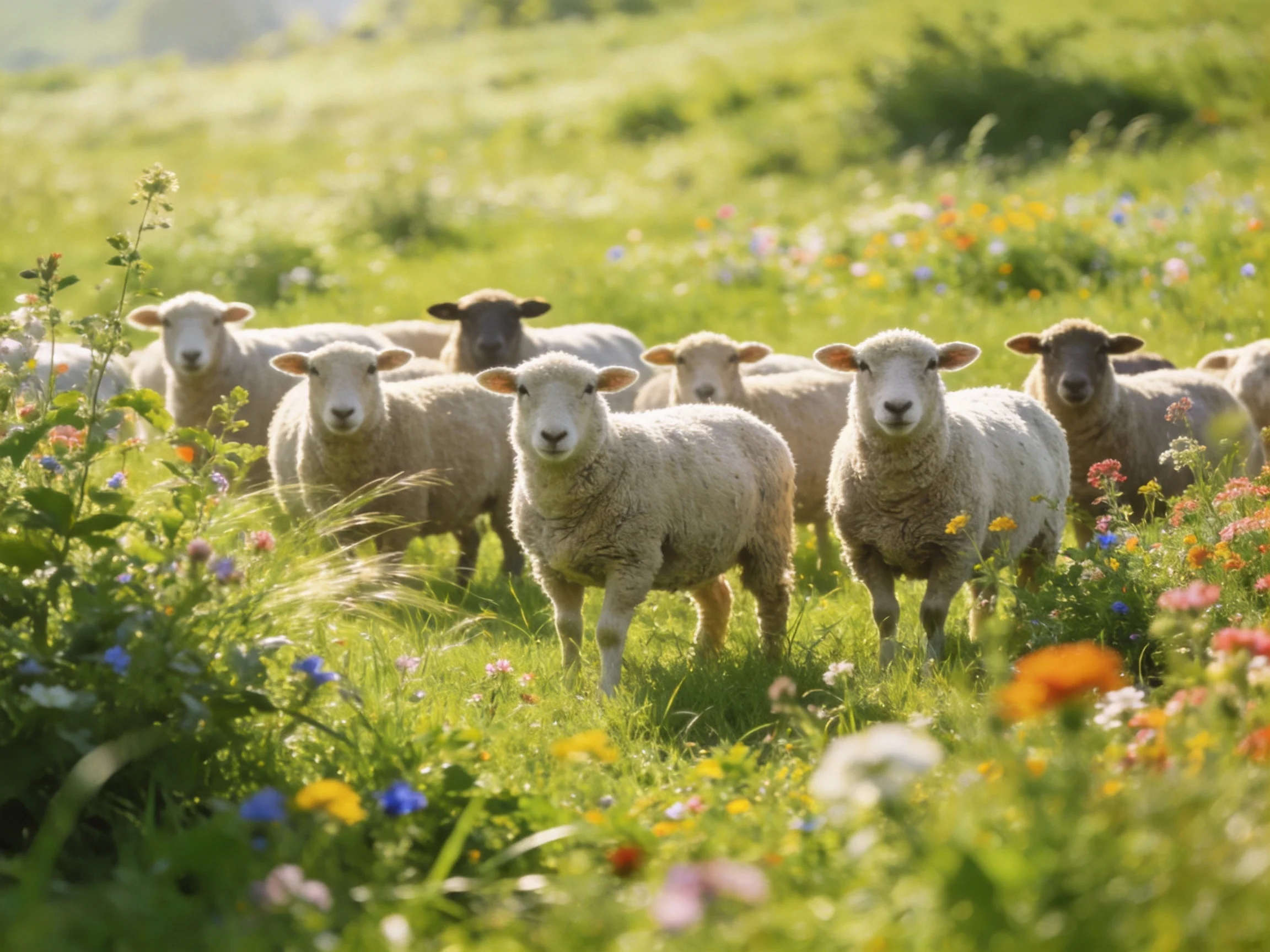 A flock of sheep in a vibrant flower-filled green meadow