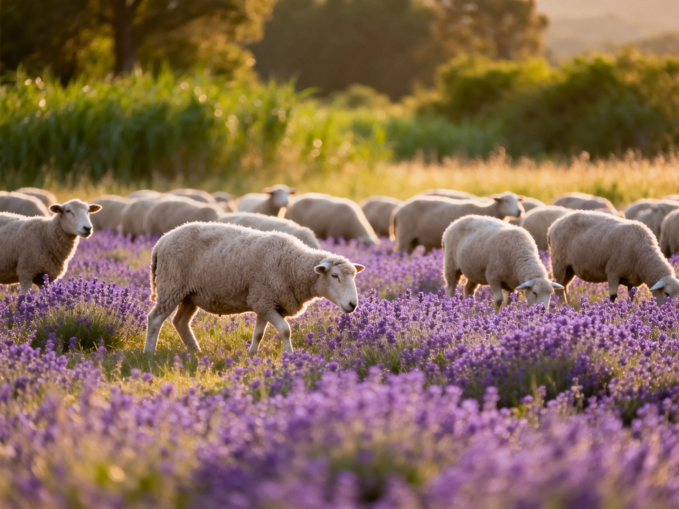 Sheep graze in a vibrant purple lavender field under golden sunlight.