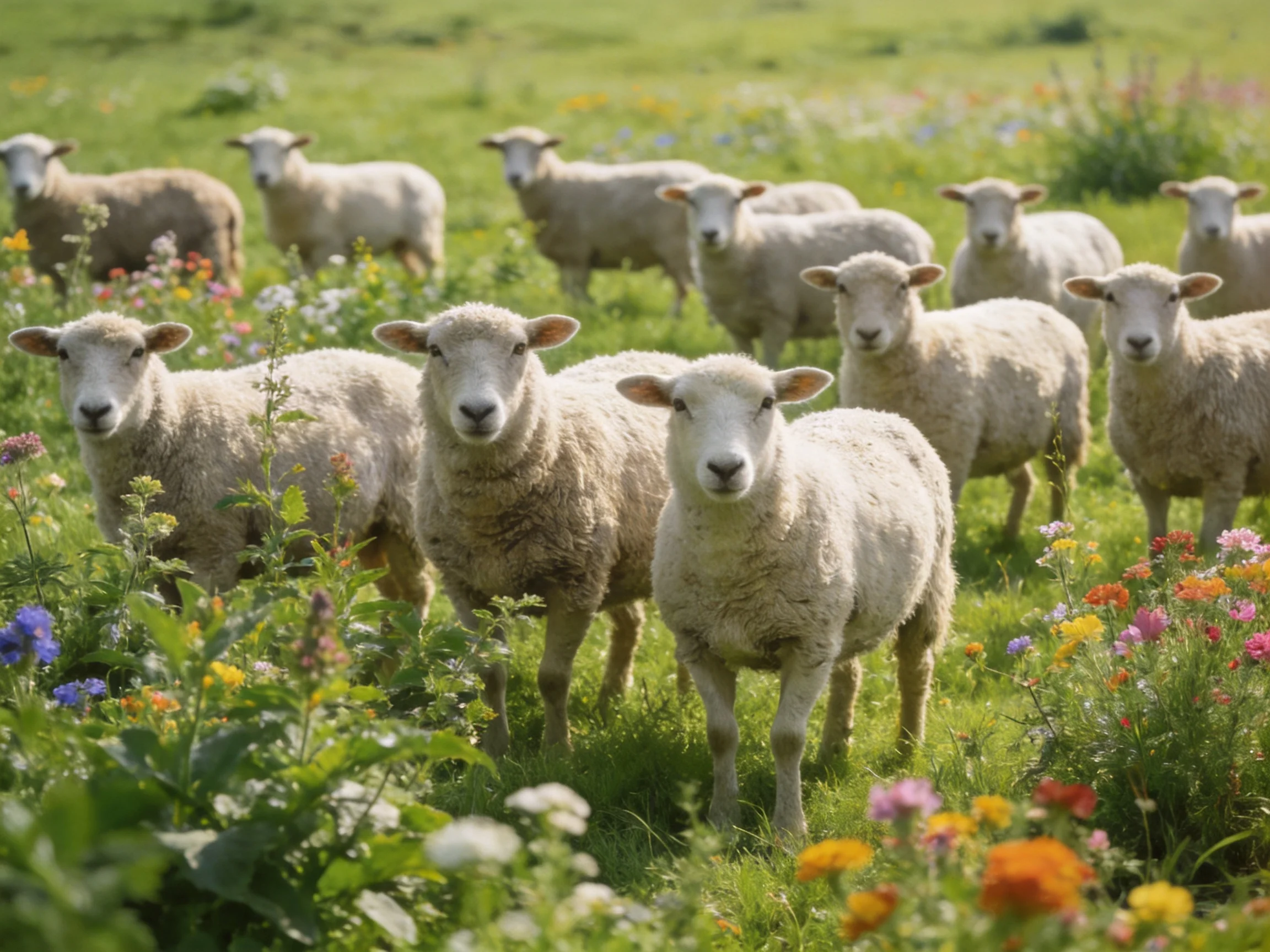 A flock of sheep in a vibrant wildflower meadow