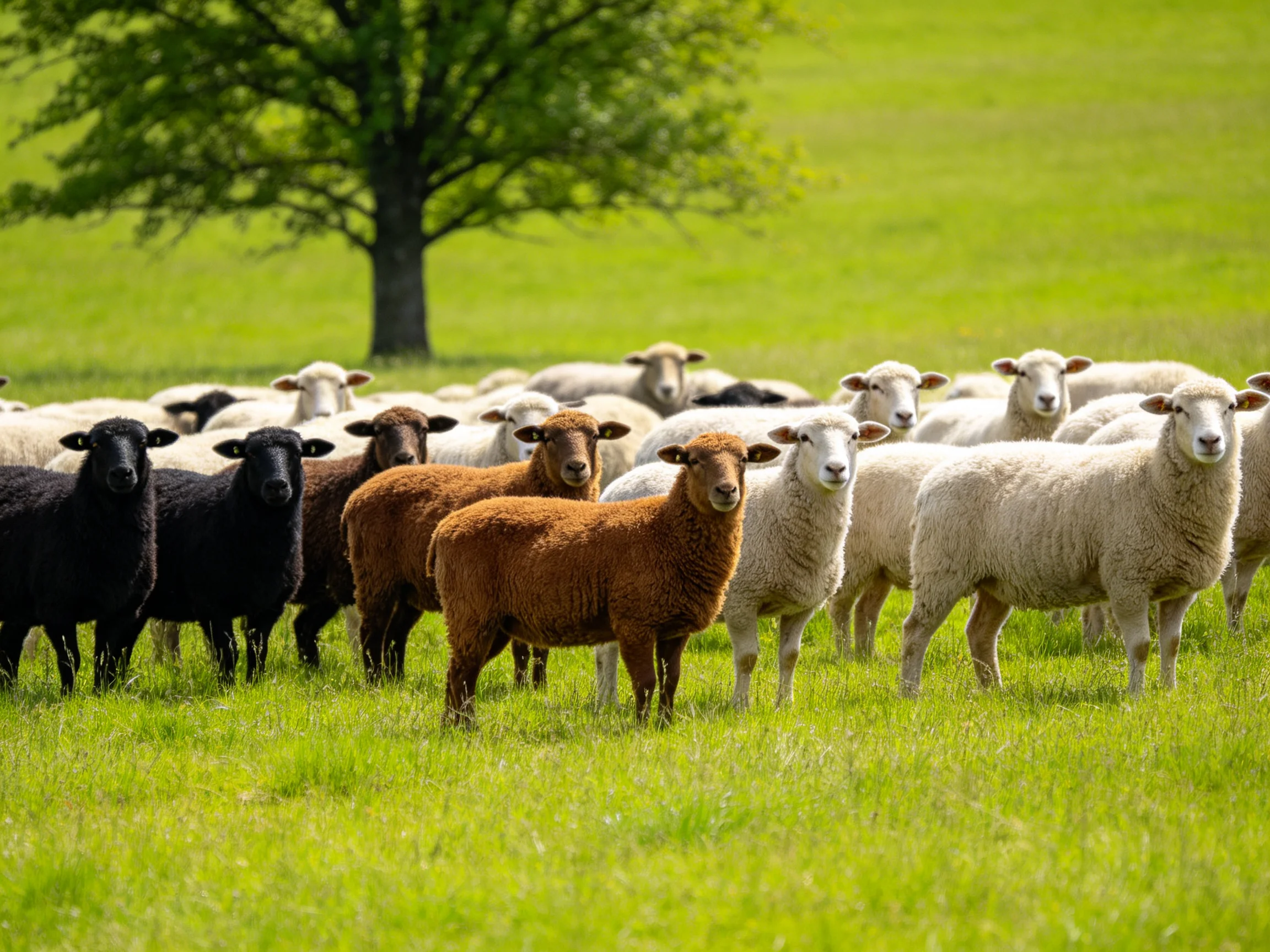 Sheep of multiple colors gather in a bright green field beside a large tree.