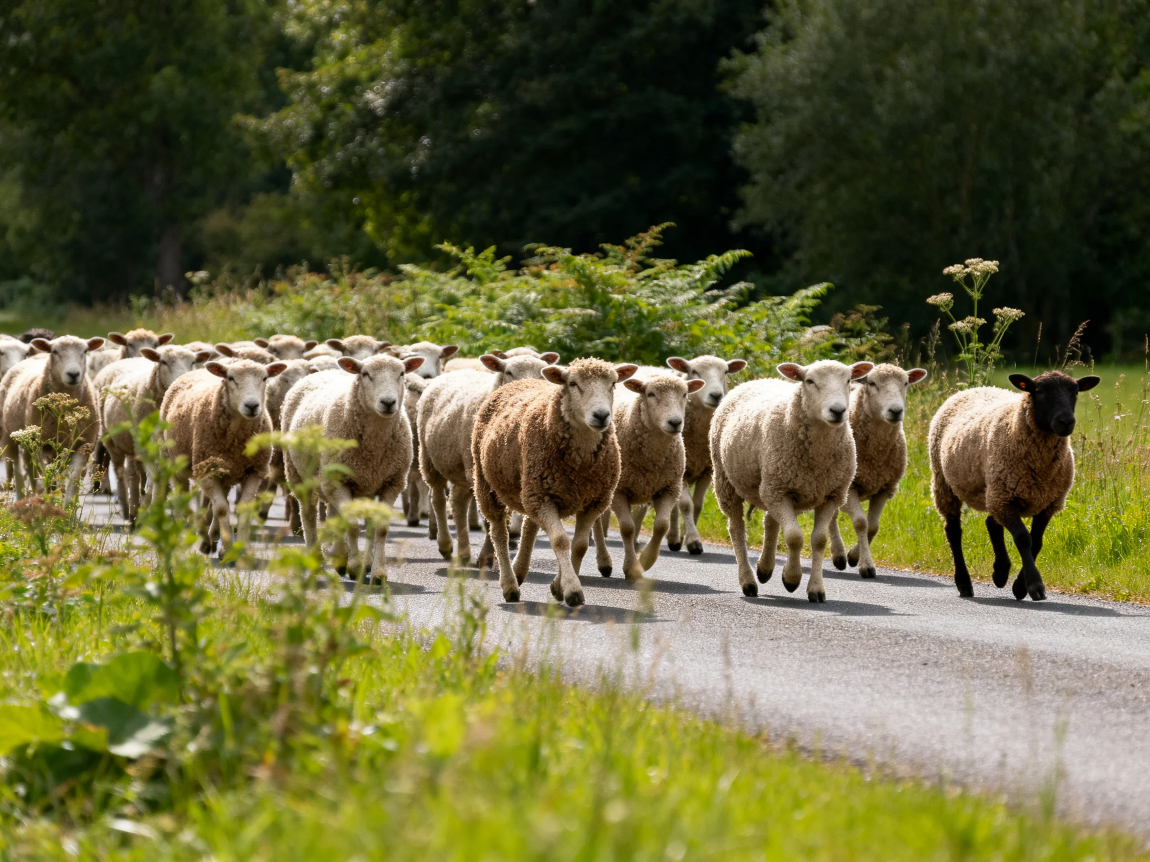 A large group of sheep with varied colors moves along a country road near greenery