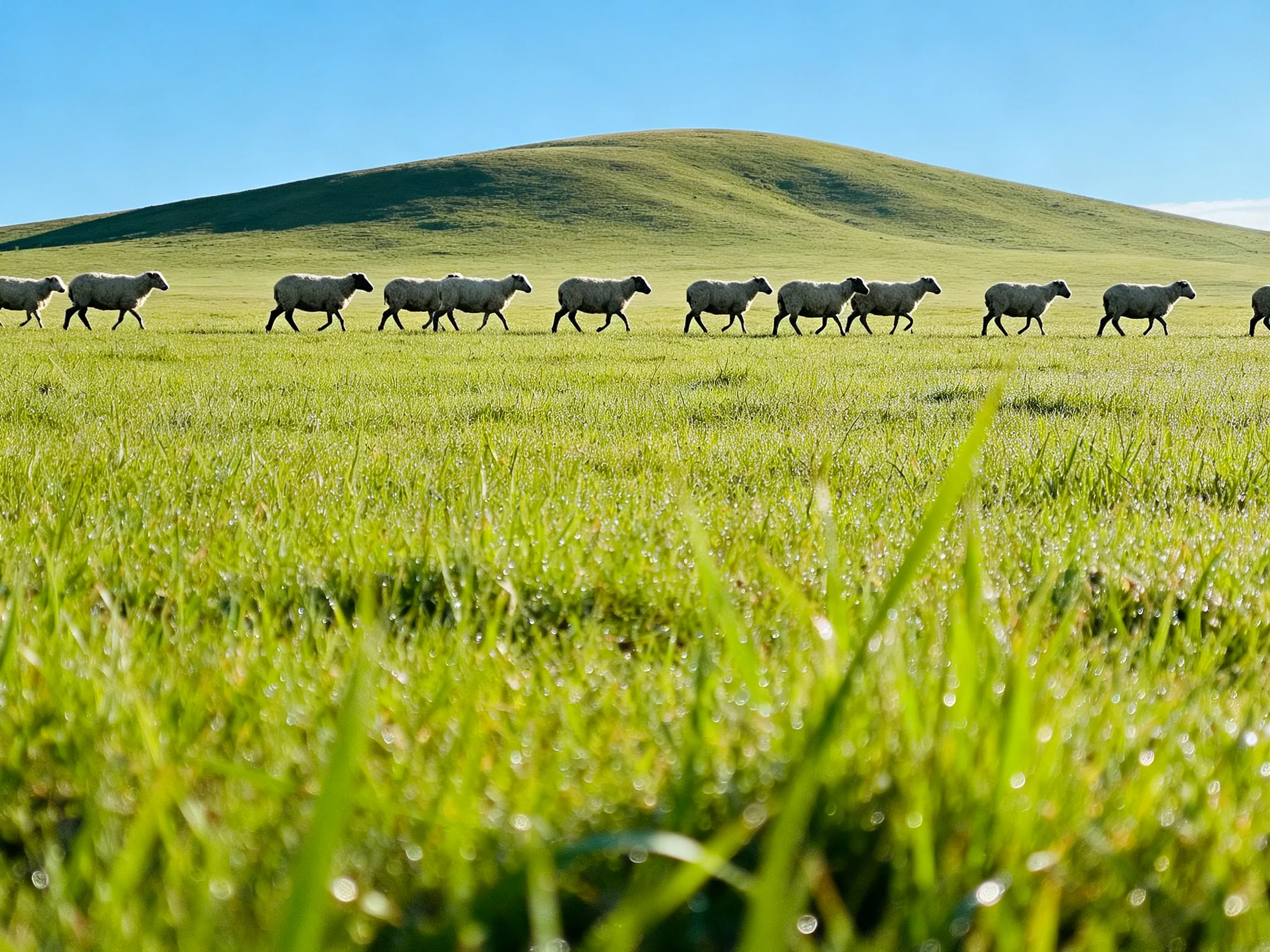A flock of sheep marches across a lush green meadow beside a rolling hill