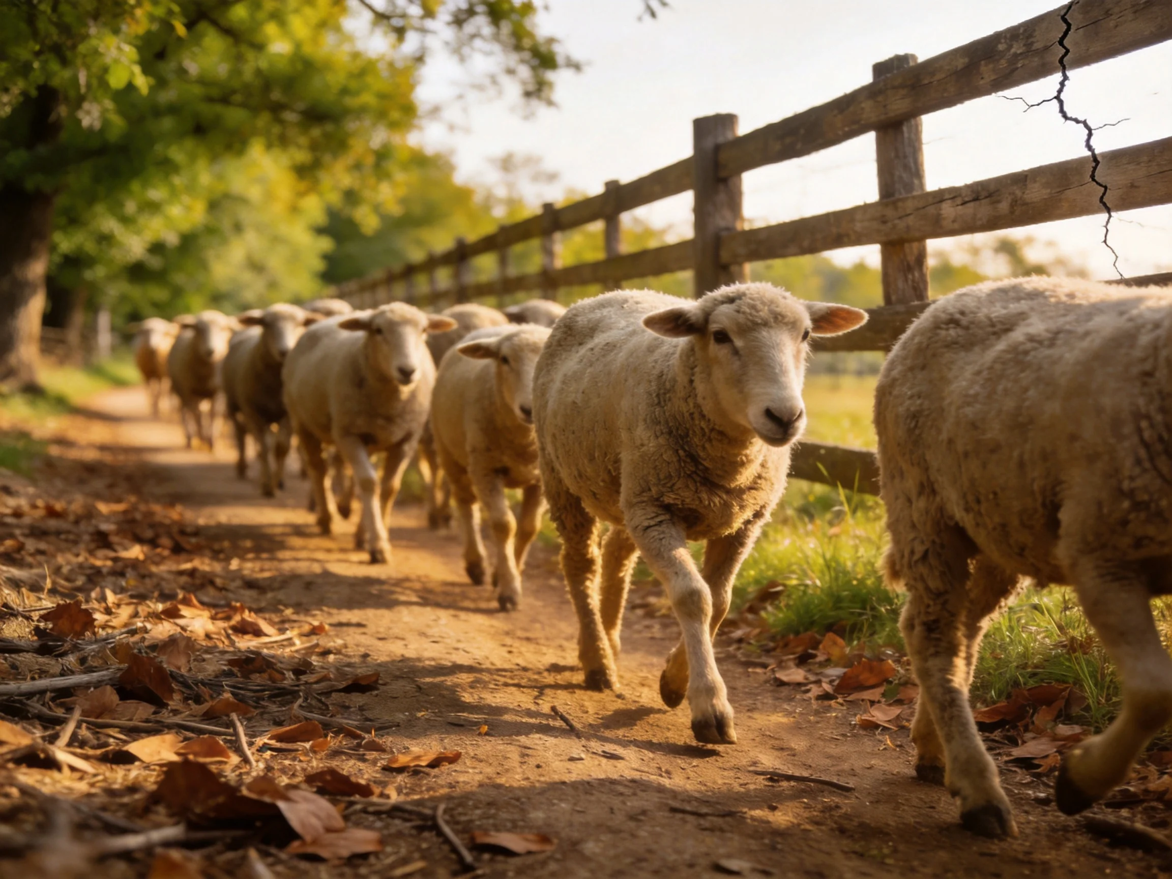 A flock of sheep marches along a sunlit dirt path near a wooden fence
