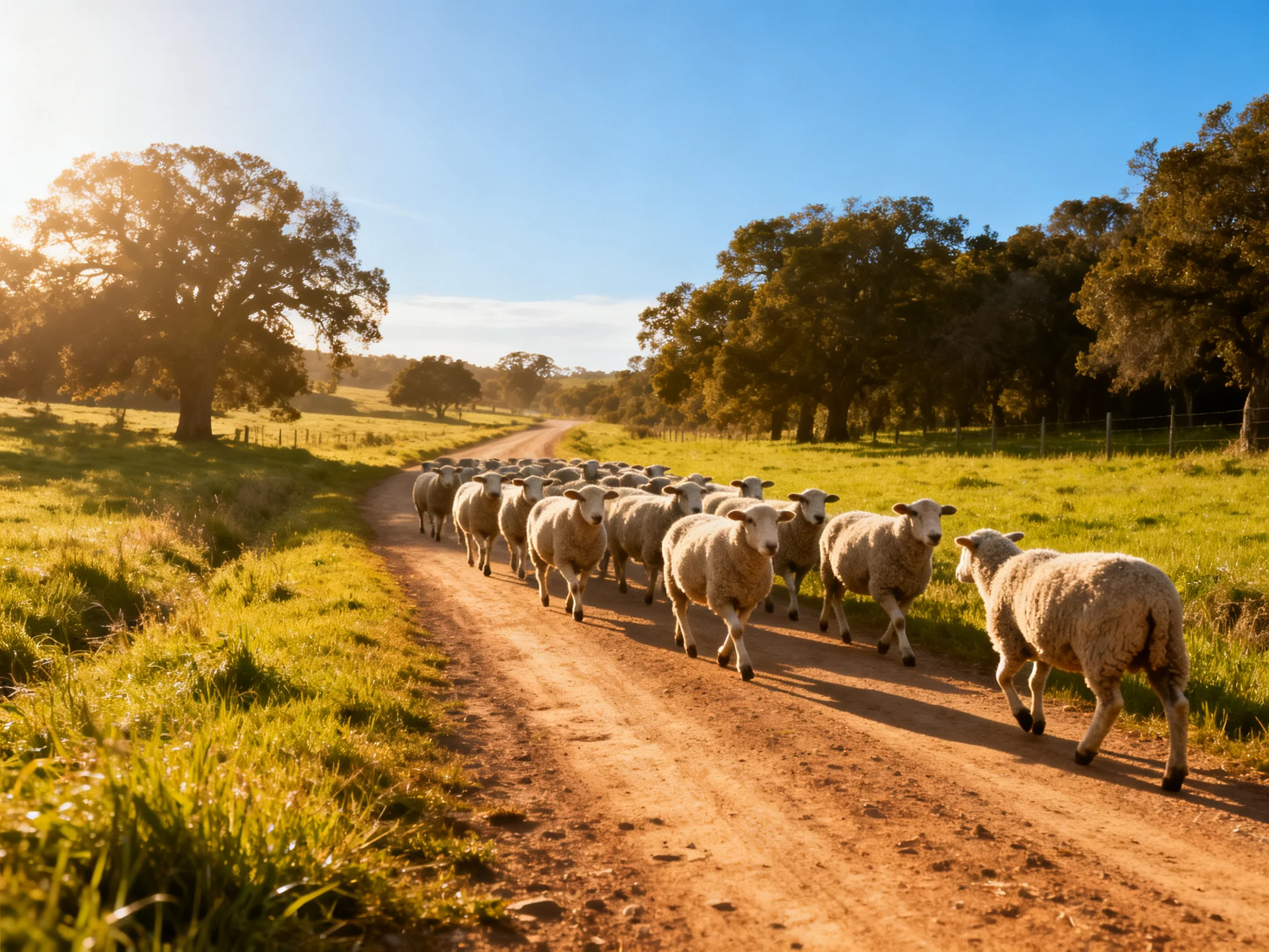 A flock of sheep marches down a dusty country road amid golden fields