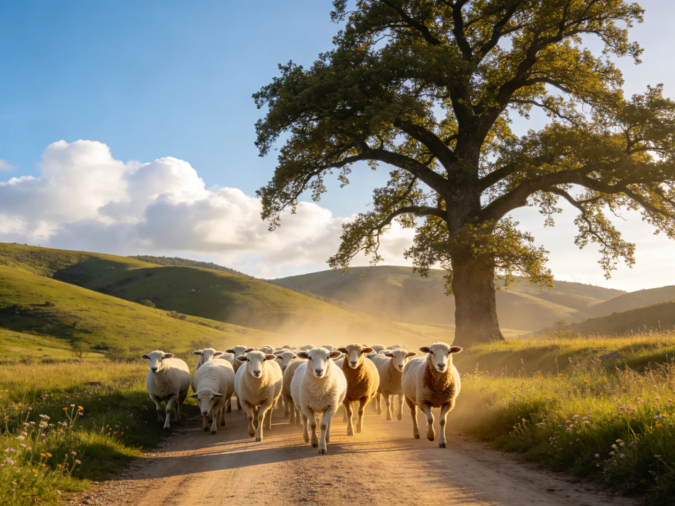 A flock of sheep marches down a dusty path near a large oak tree