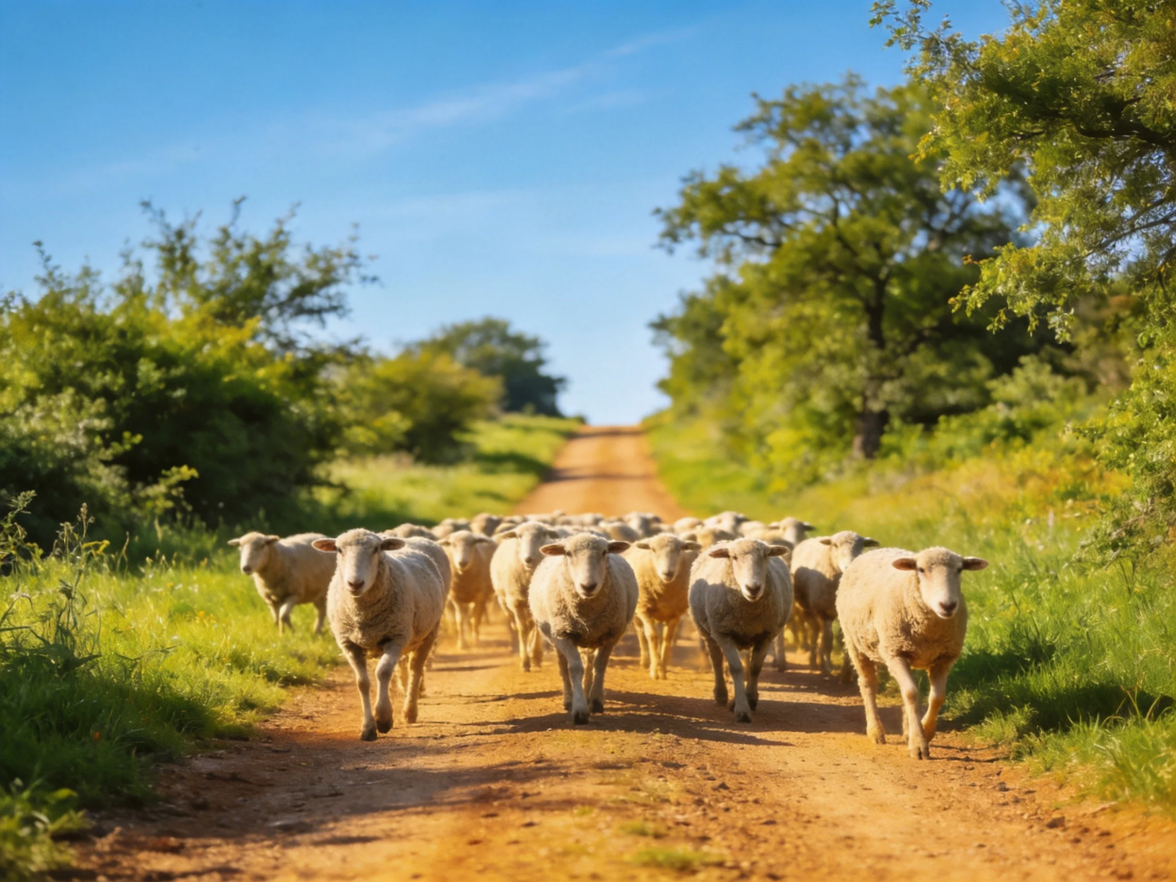 A flock of sheep marches down a sunlit dirt path