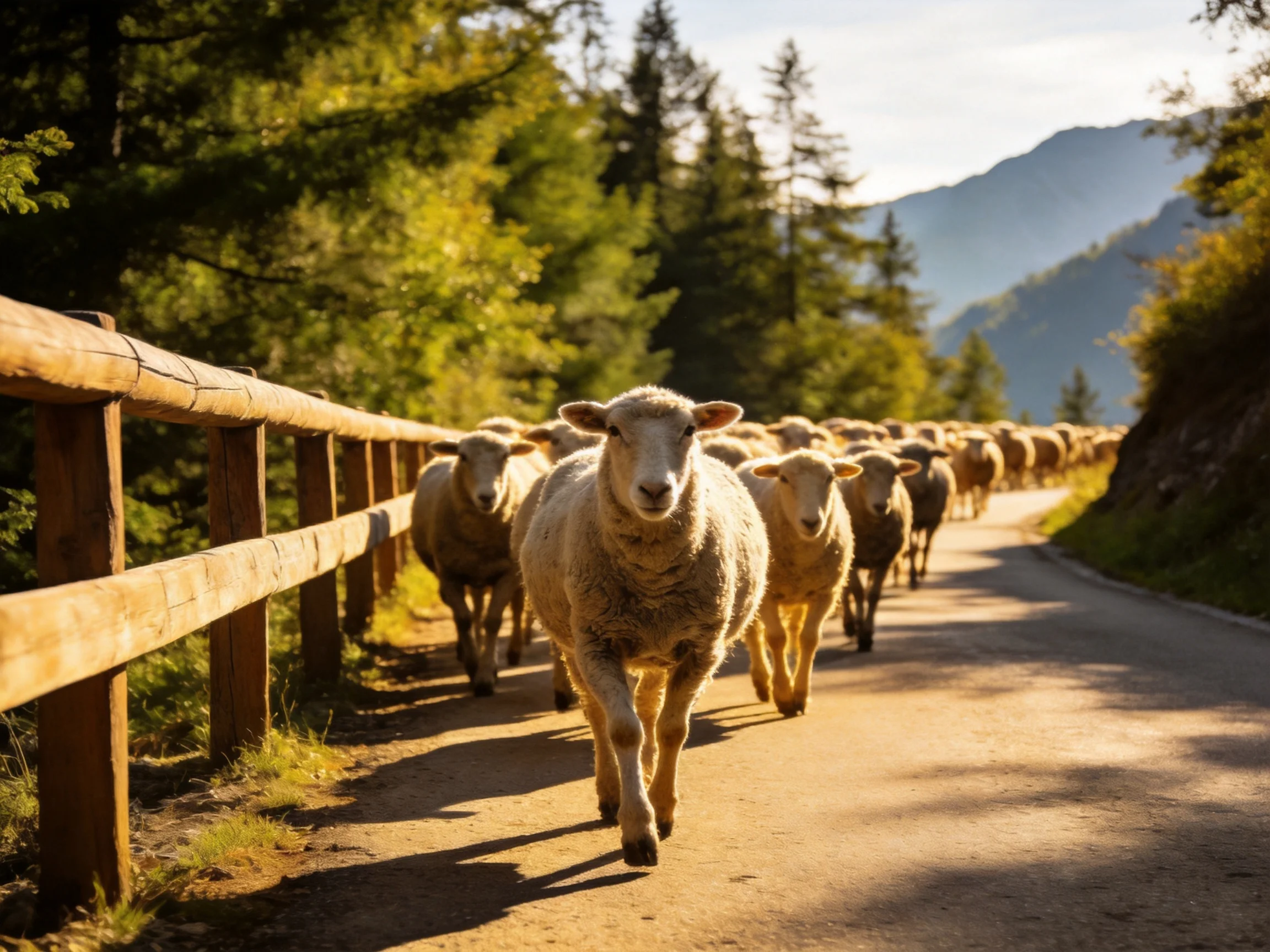 A flock of sheep marches down a sunlit forest path with wooden railings