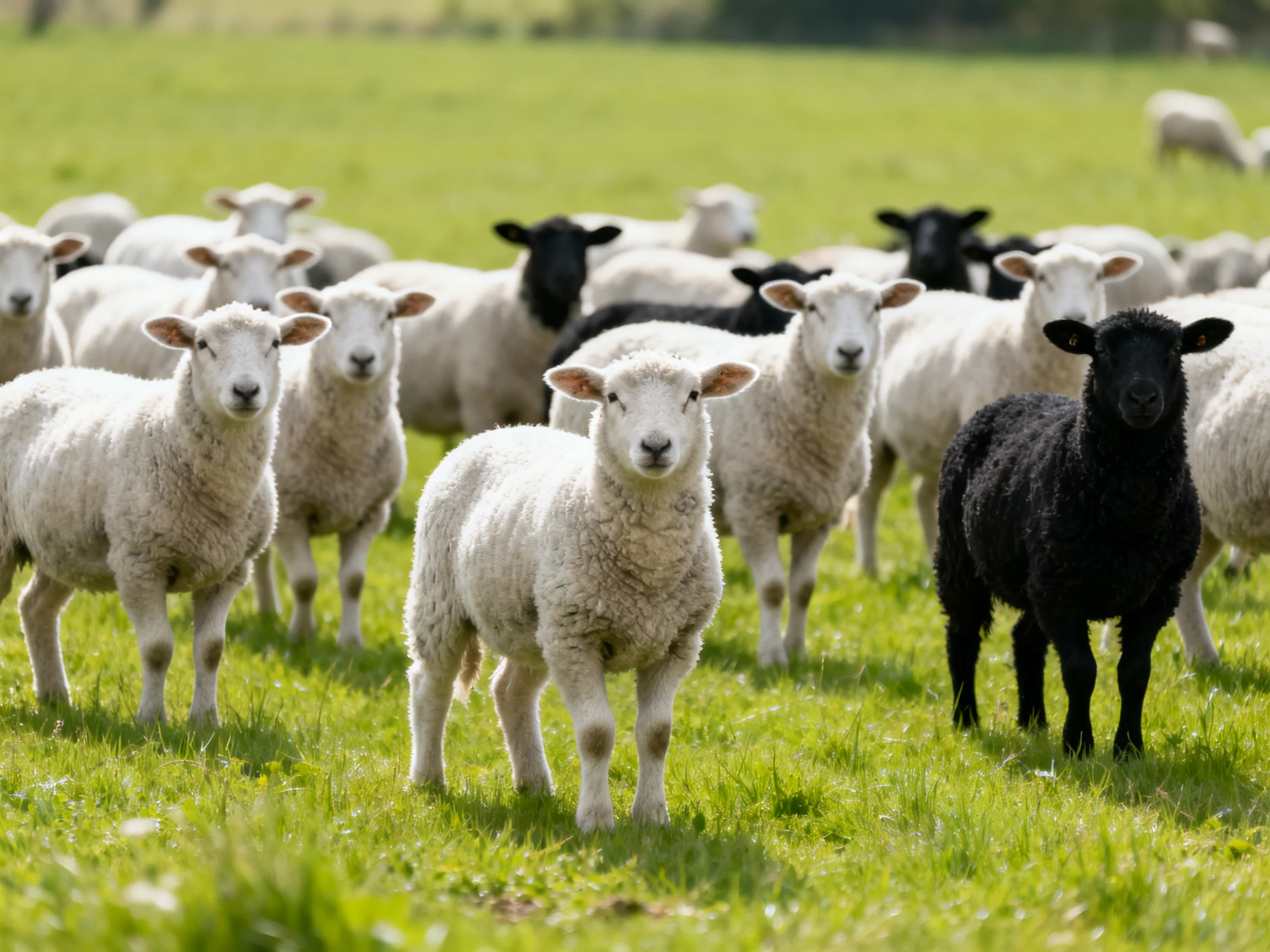 A flock of sheep, mostly white with two black ones, grazing in a lush green pasture
