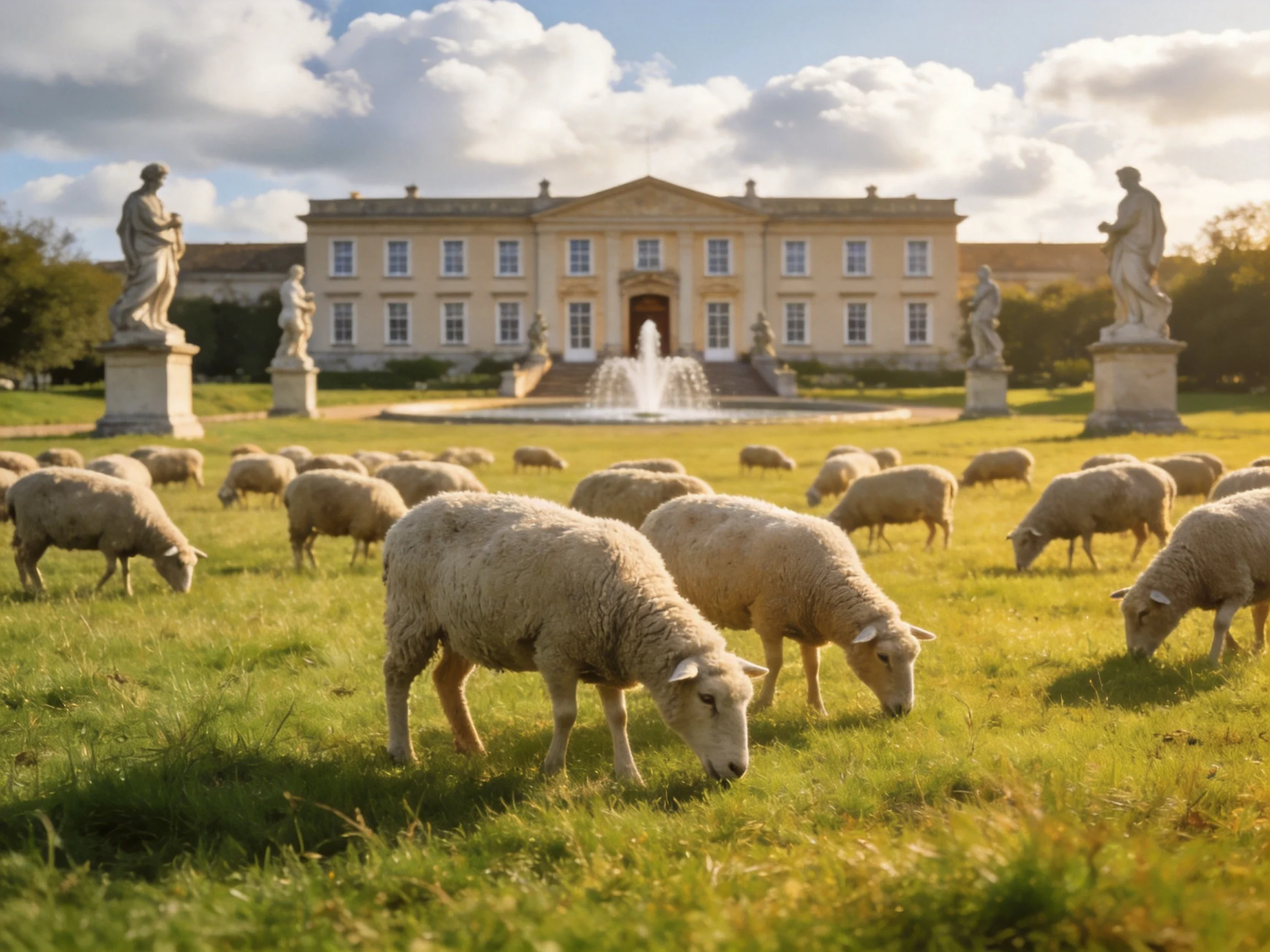 A flock of sheep near a grand historic mansion with statues