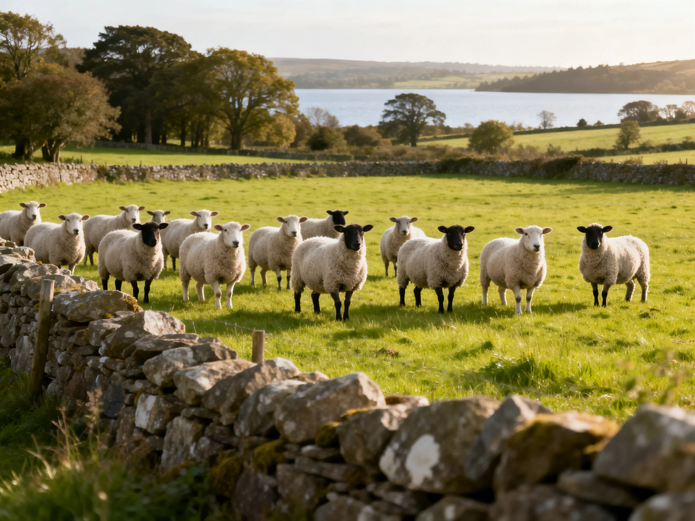 A flock of sheep near a stone wall by a sunlit lake