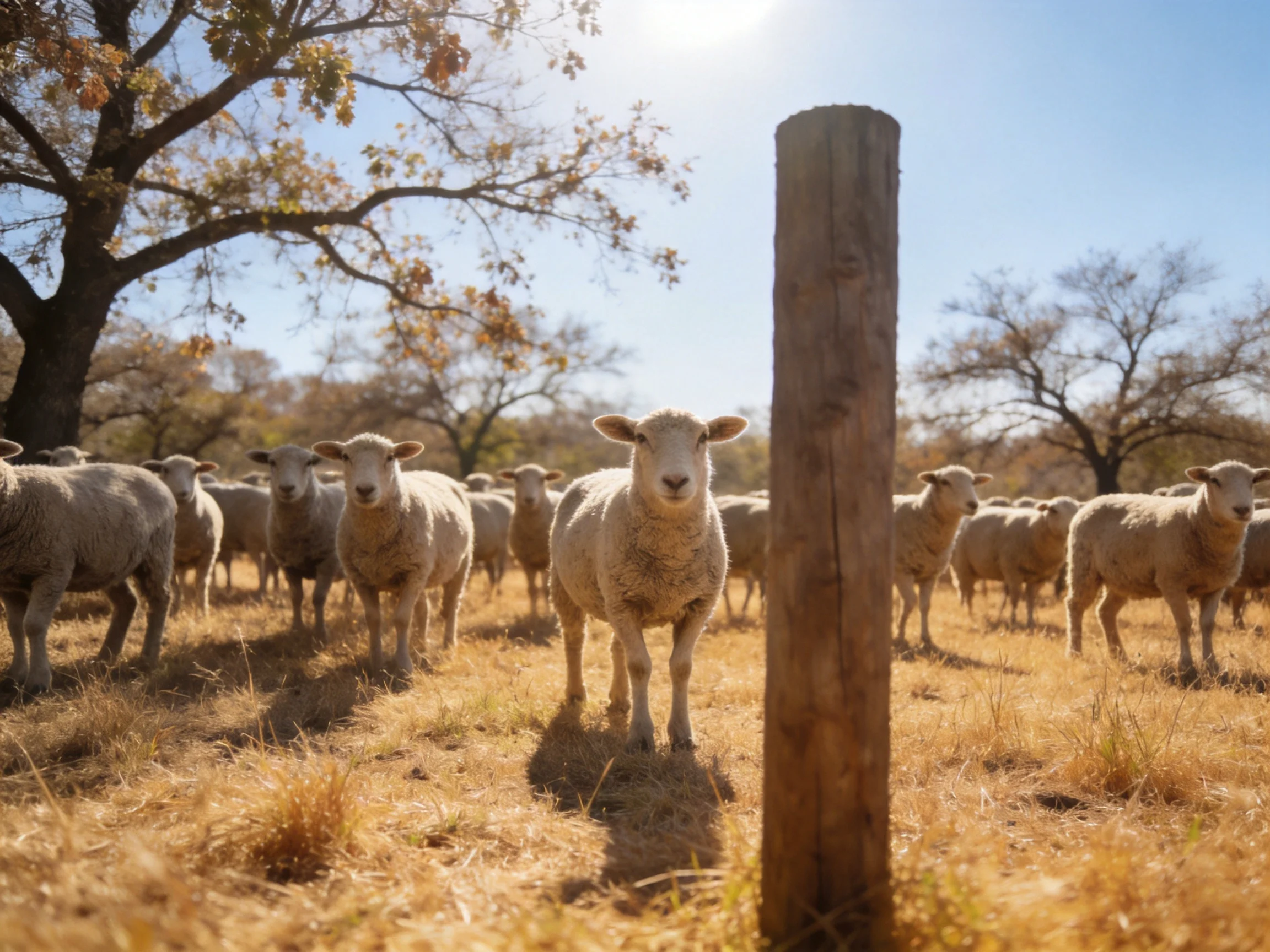 A flock of sheep near a wooden post in a sunlit field