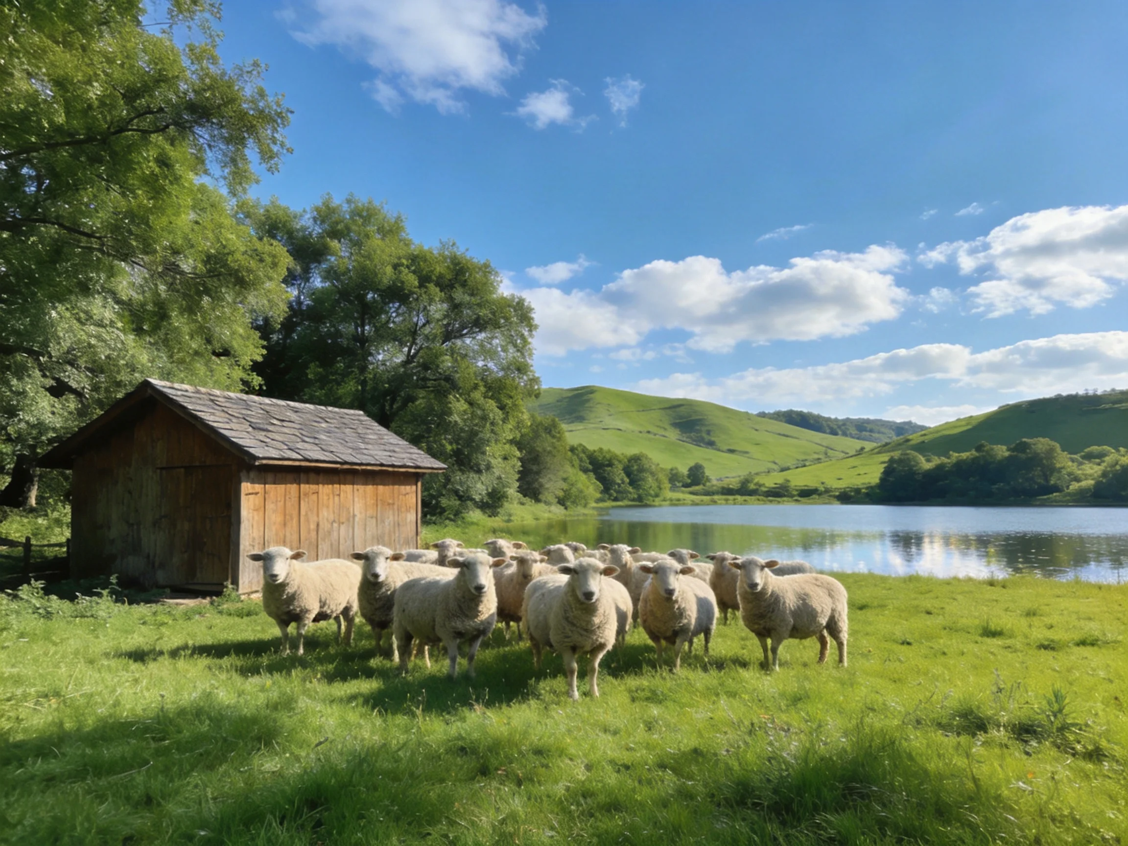 A flock of sheep near a wooden shed by rolling green hills