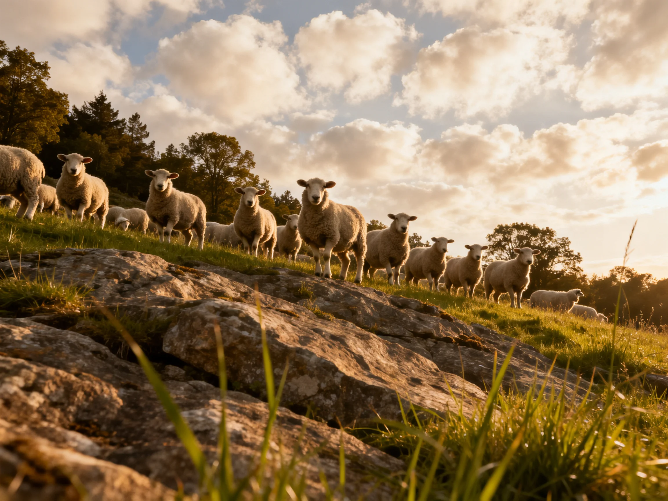 A flock of sheep near rocky terrain under golden sunlight