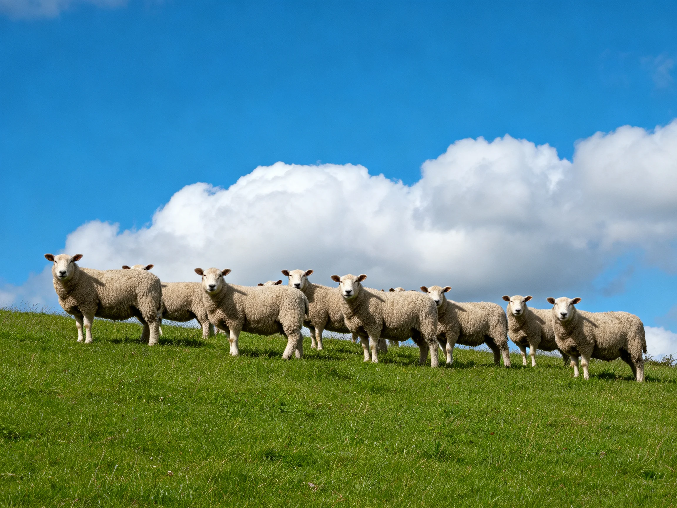 A flock of sheep on a green hillside under a bright blue sky