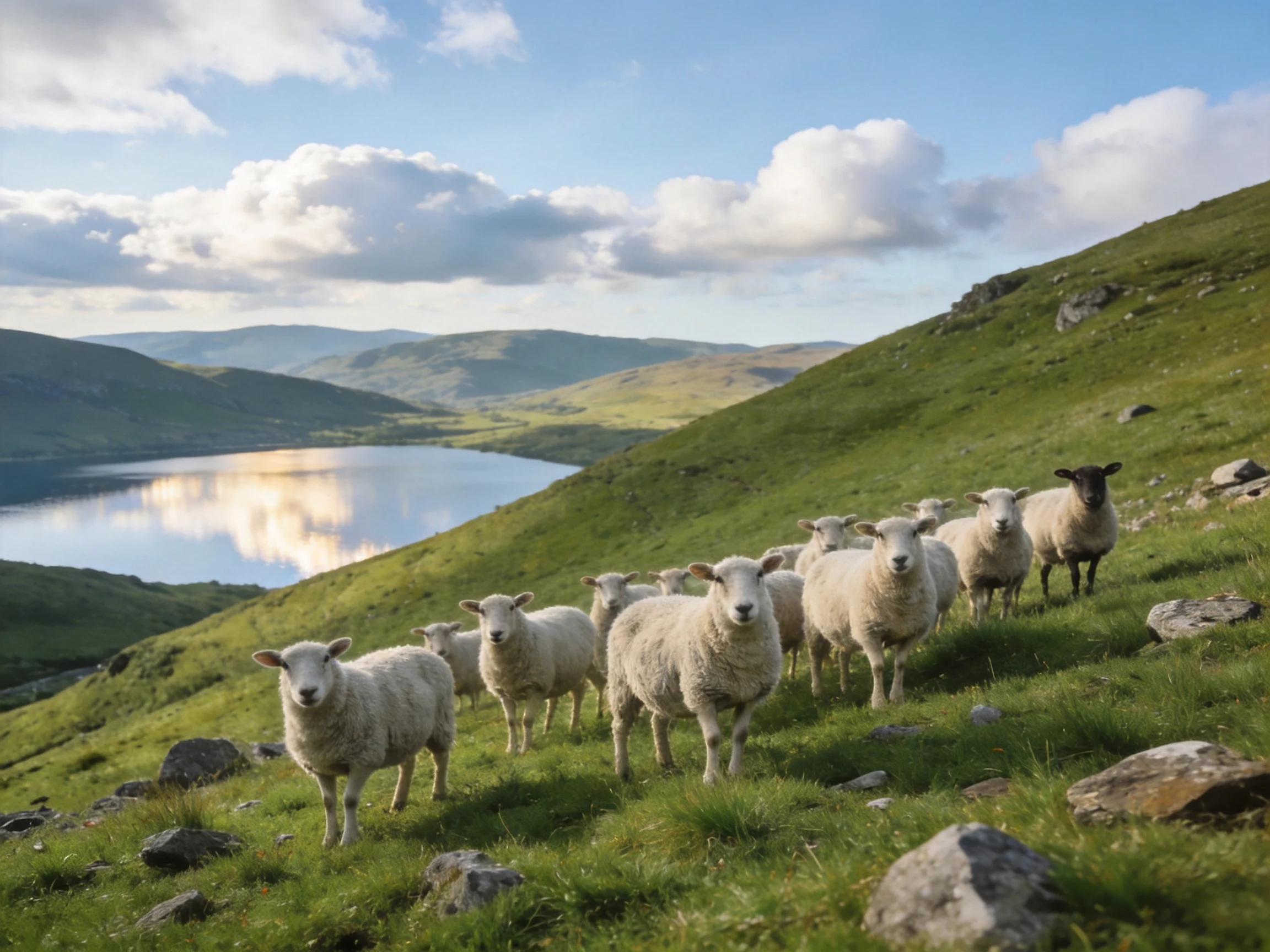 A flock of sheep on a lush green hillside near a tranquil lake