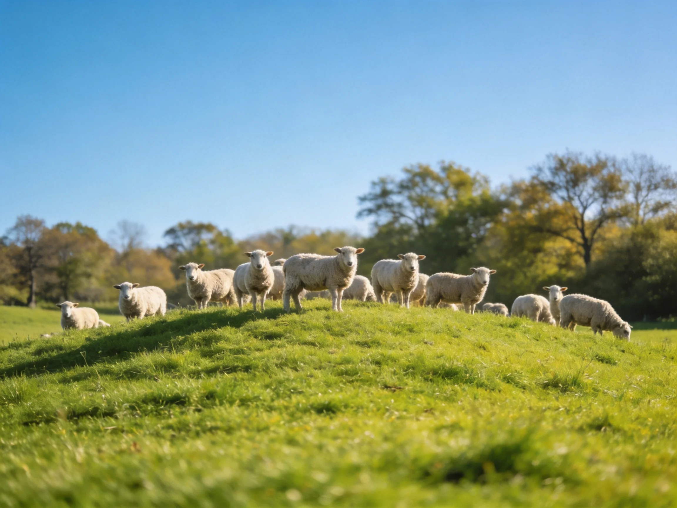 A flock of sheep on a lush green hillside under clear blue sky