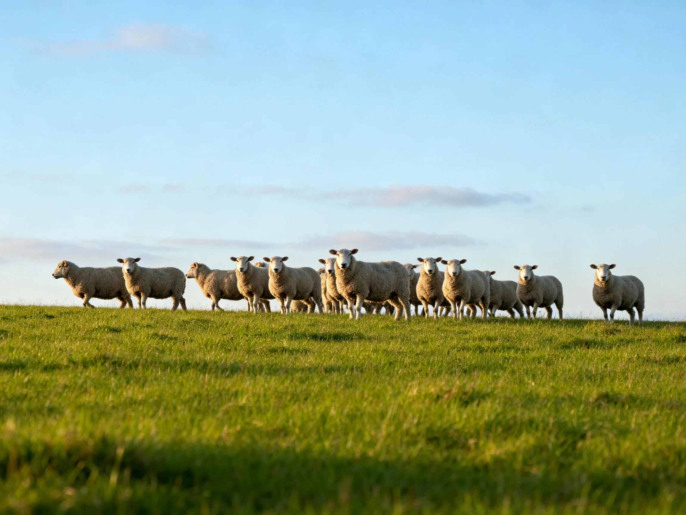 A flock of sheep on a lush green hillside under clear blue sky
