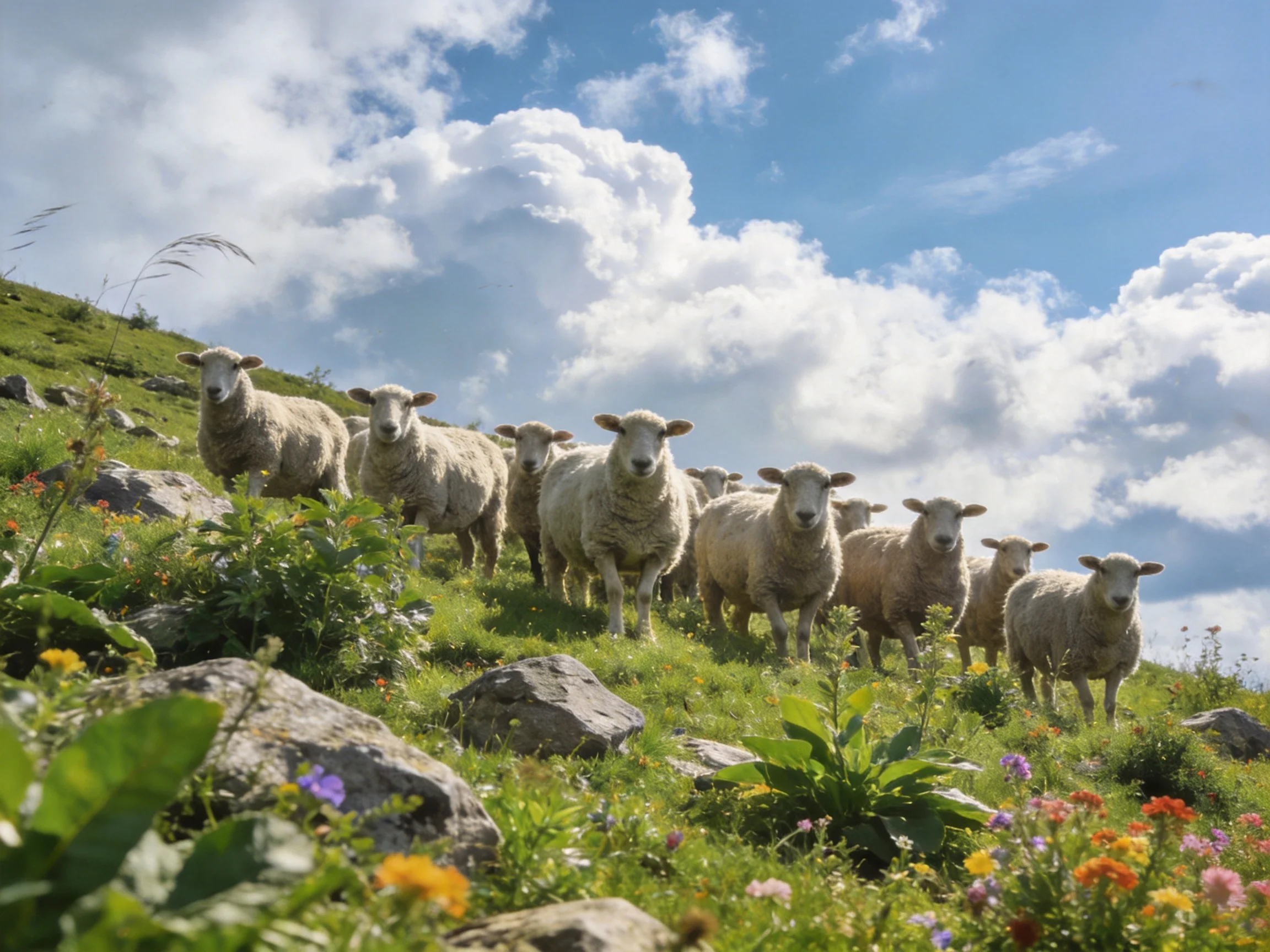 A flock of sheep on a rocky, flowered hillside under sunny sky