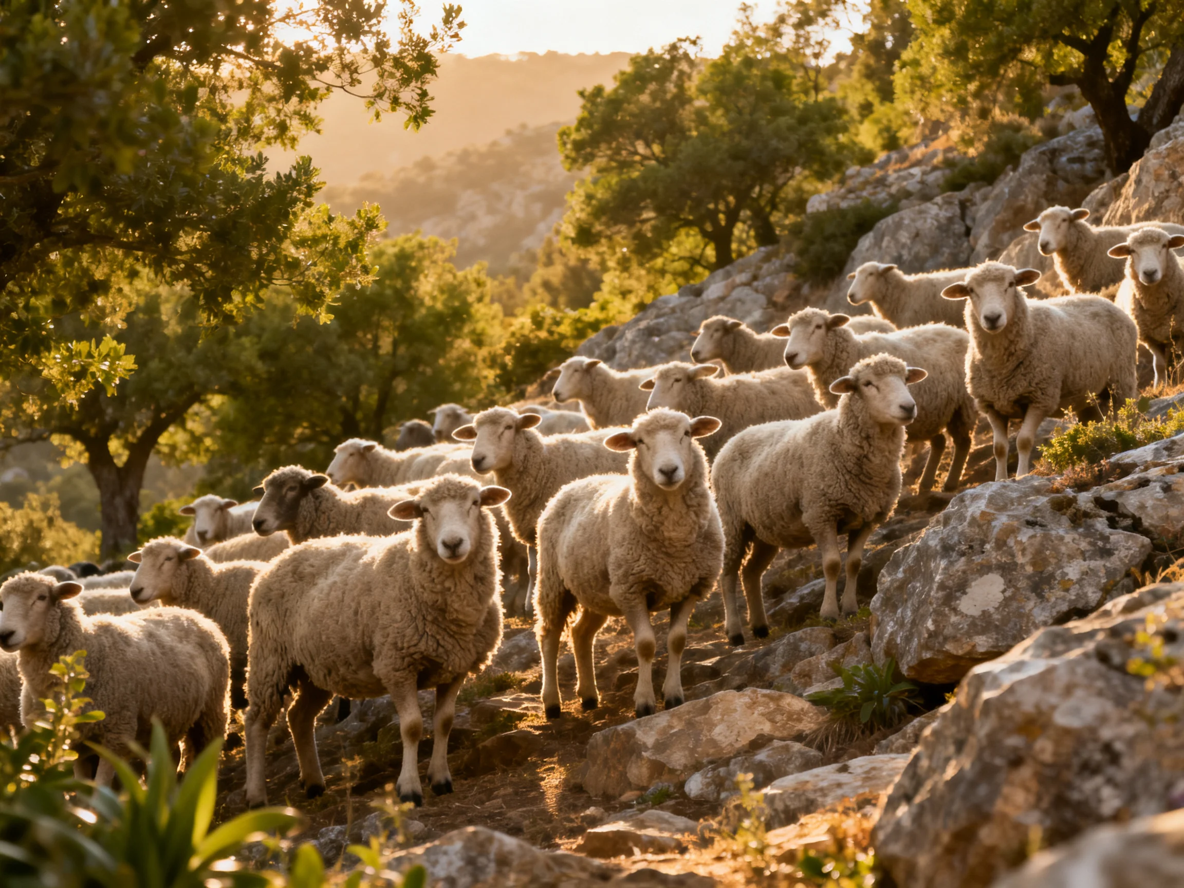 A flock of sheep on a rocky hillside with golden sunlight
