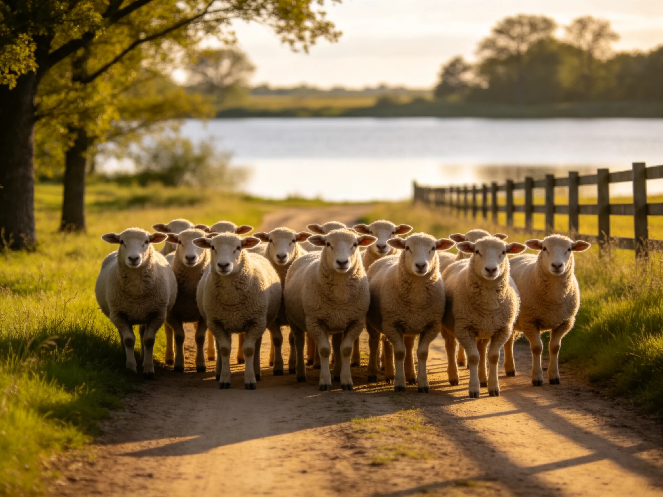 A flock of sheep on a sunlit dirt path by a lake