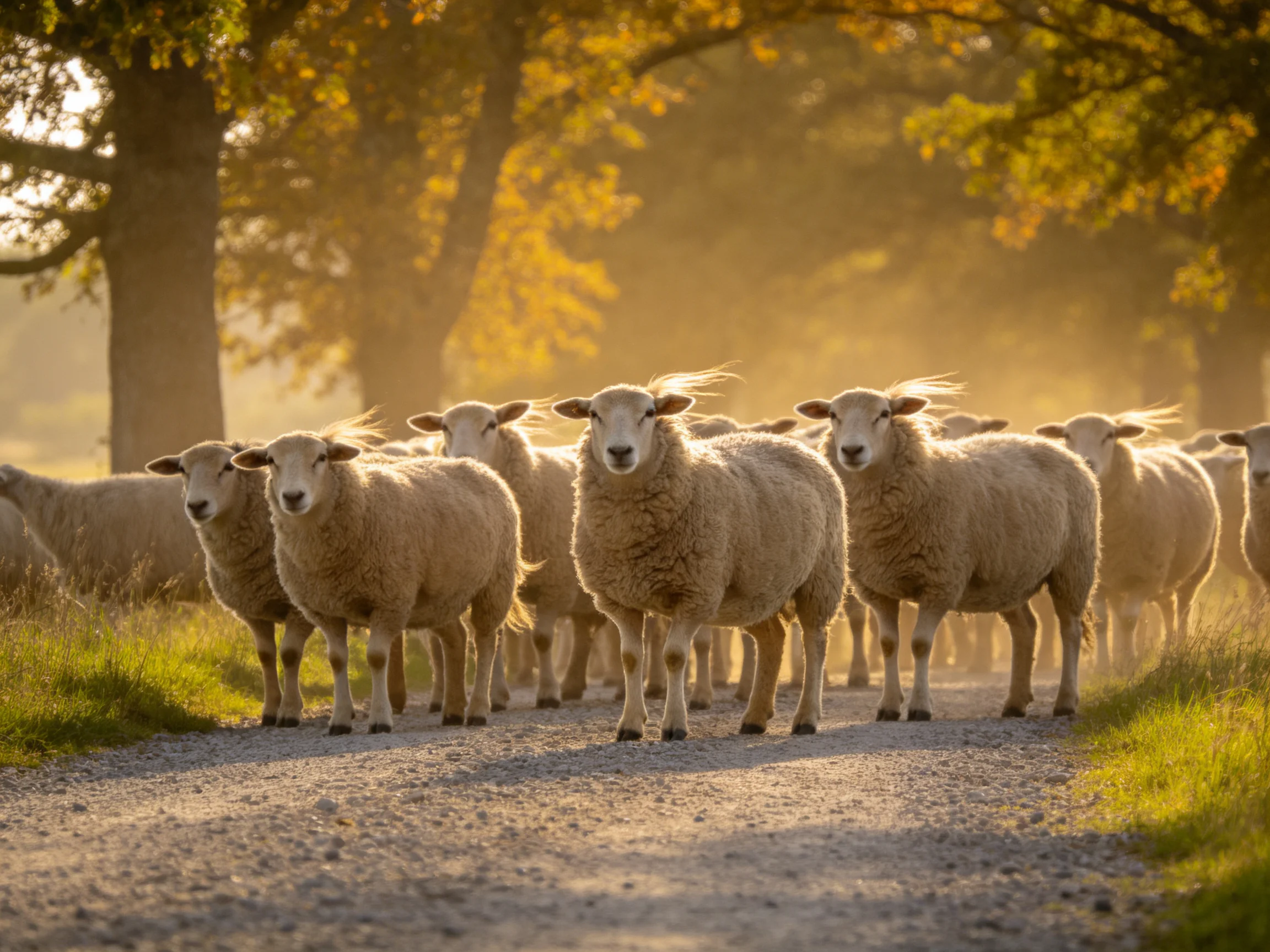 A flock of sheep on a sunlit gravel path near golden-hued trees