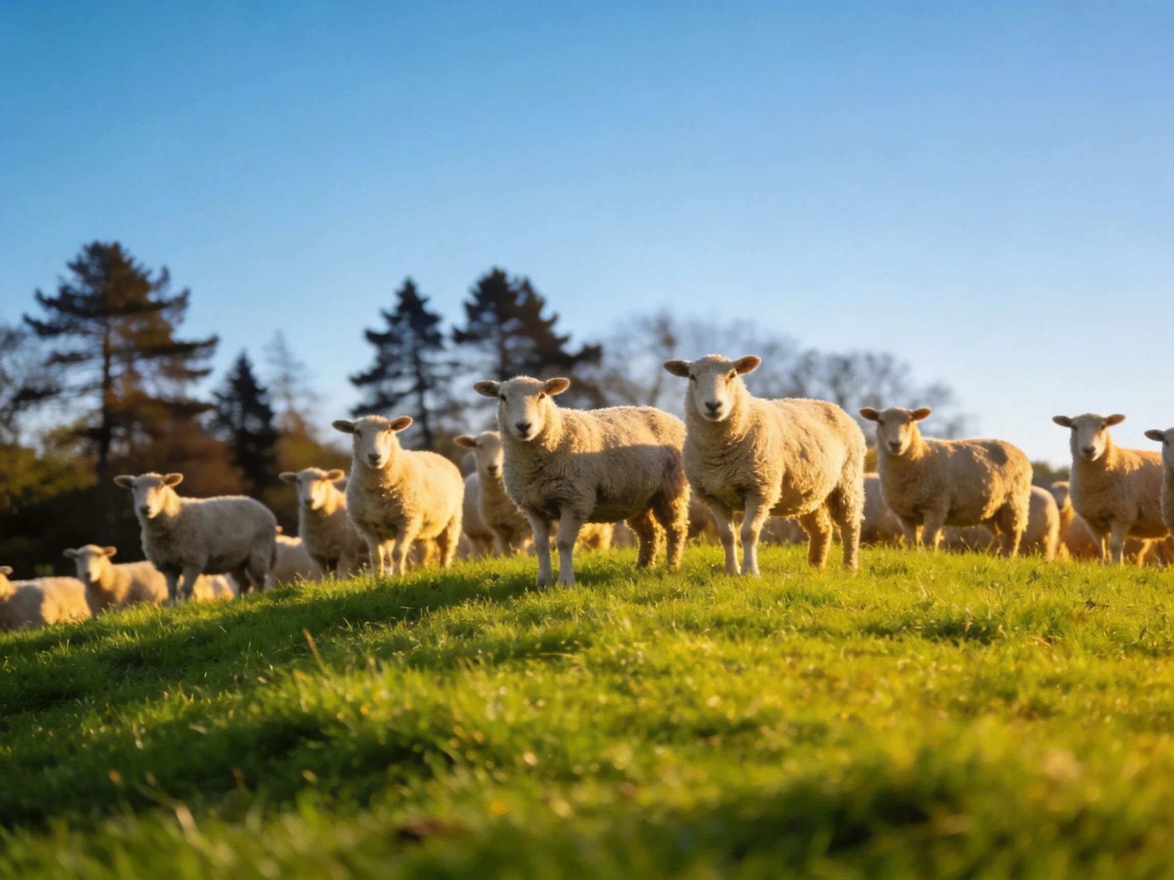 A flock of sheep on a sunlit green hillside near trees