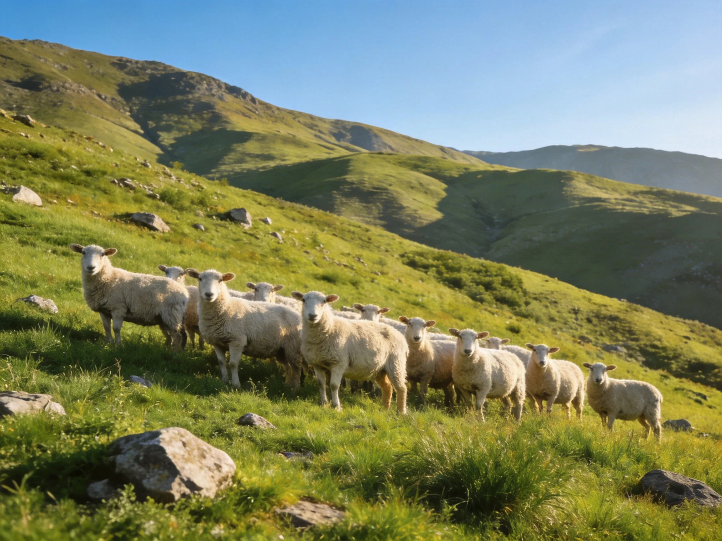 A flock of sheep on lush green rolling hills